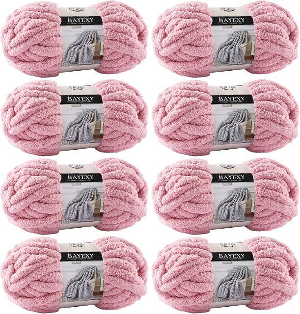 Chunky Chenille Yarn for Hand Knitting 8 Jumbo Pack Jumbo Chunky Yarn for Hand Soft Blanket Knitting, Bulky Thick Fluffy Yarn for Crocheting (Pink)