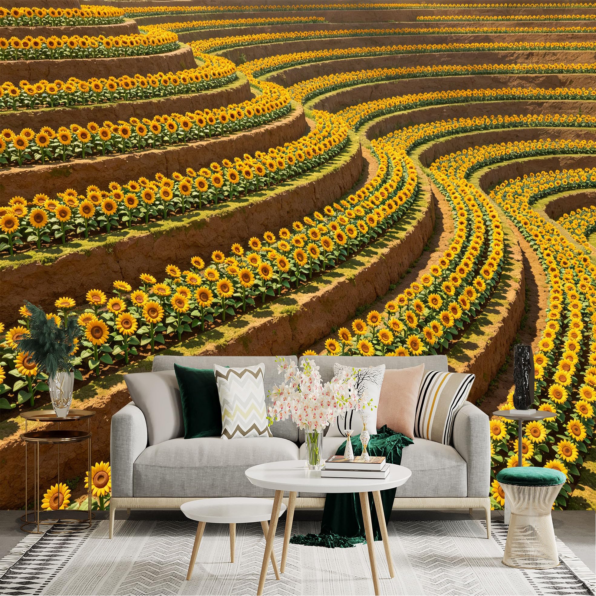 Lnzczhyre Dbh260521807 Custom Size Wall Sticker Mural， Terraced Sunflower Fields， Golden Floral Landscape， Blooming Summer Flowers， Vibrant Nature Scenery， For Wall Decoration， Peelandstick Wall Decals.