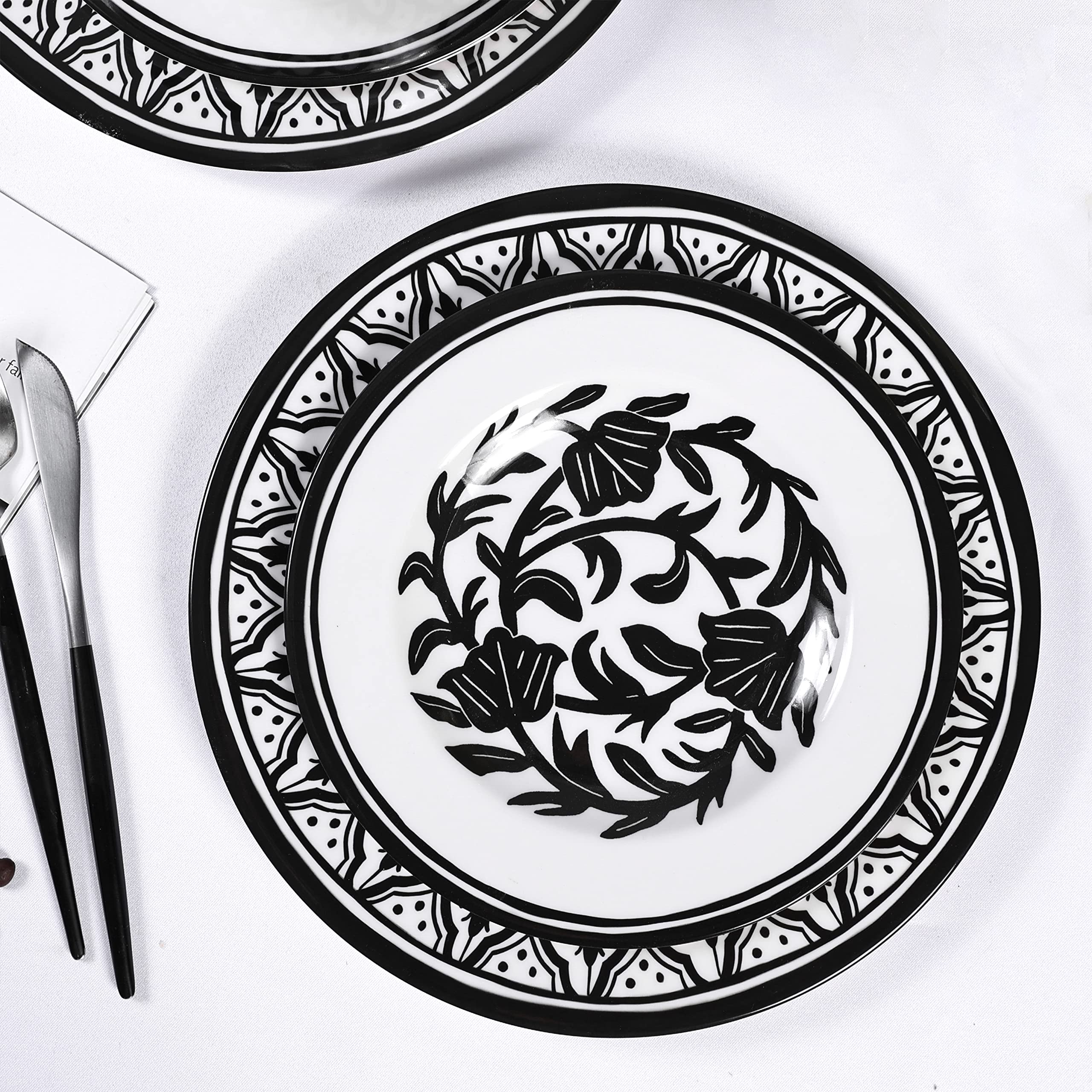 Melamine Dinnerware Sets-16 pcs Melamine Plates and Bowls Set,Unbreakable, Dishwasher Safe, Indoor Outdoor Use,Black pattern