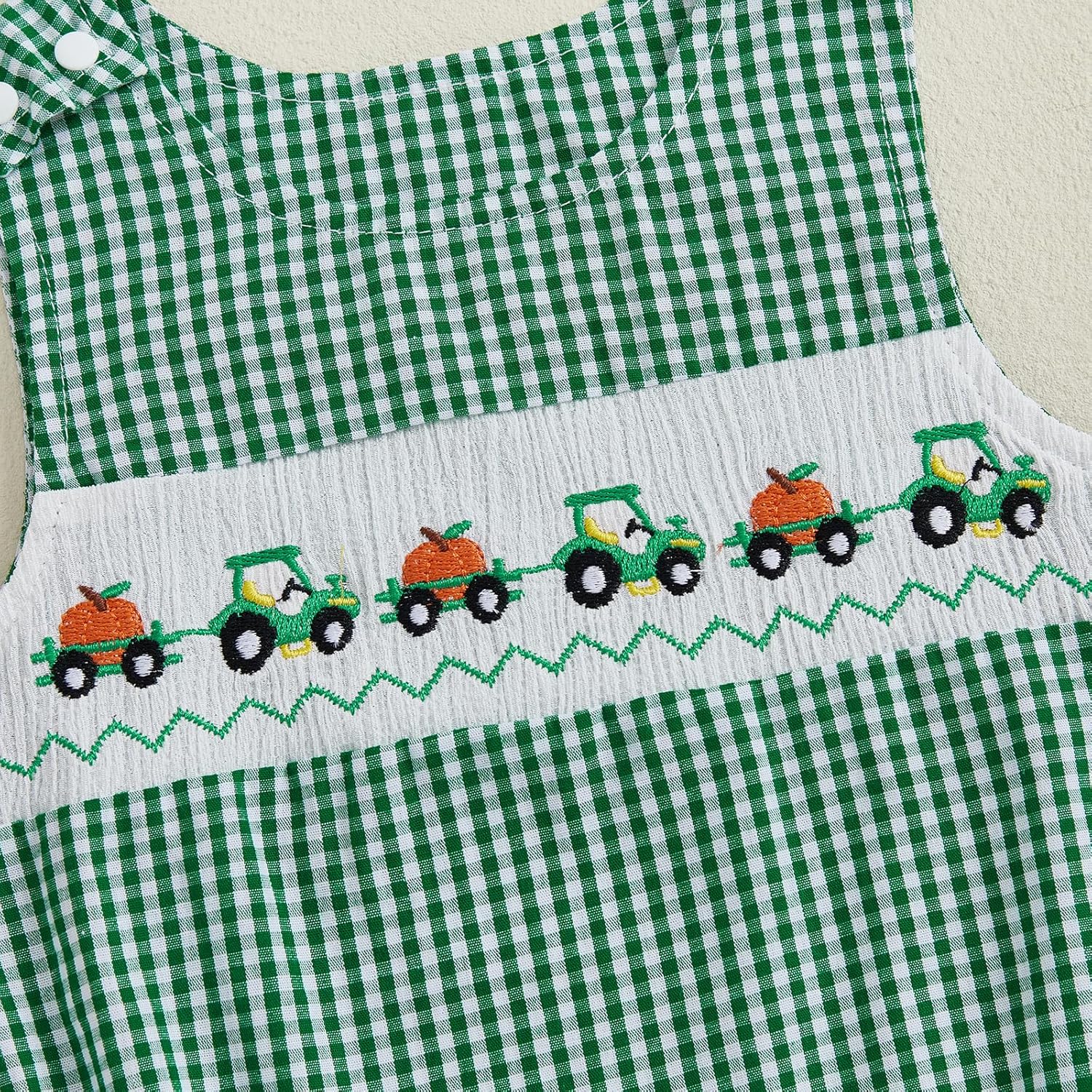 Newborn Baby Boy Halloween Outfit Pumpkin Truck/Tractor Embroidered Smocked Bubble Romper Sleeveless Plaid Bodysuit - Image 7