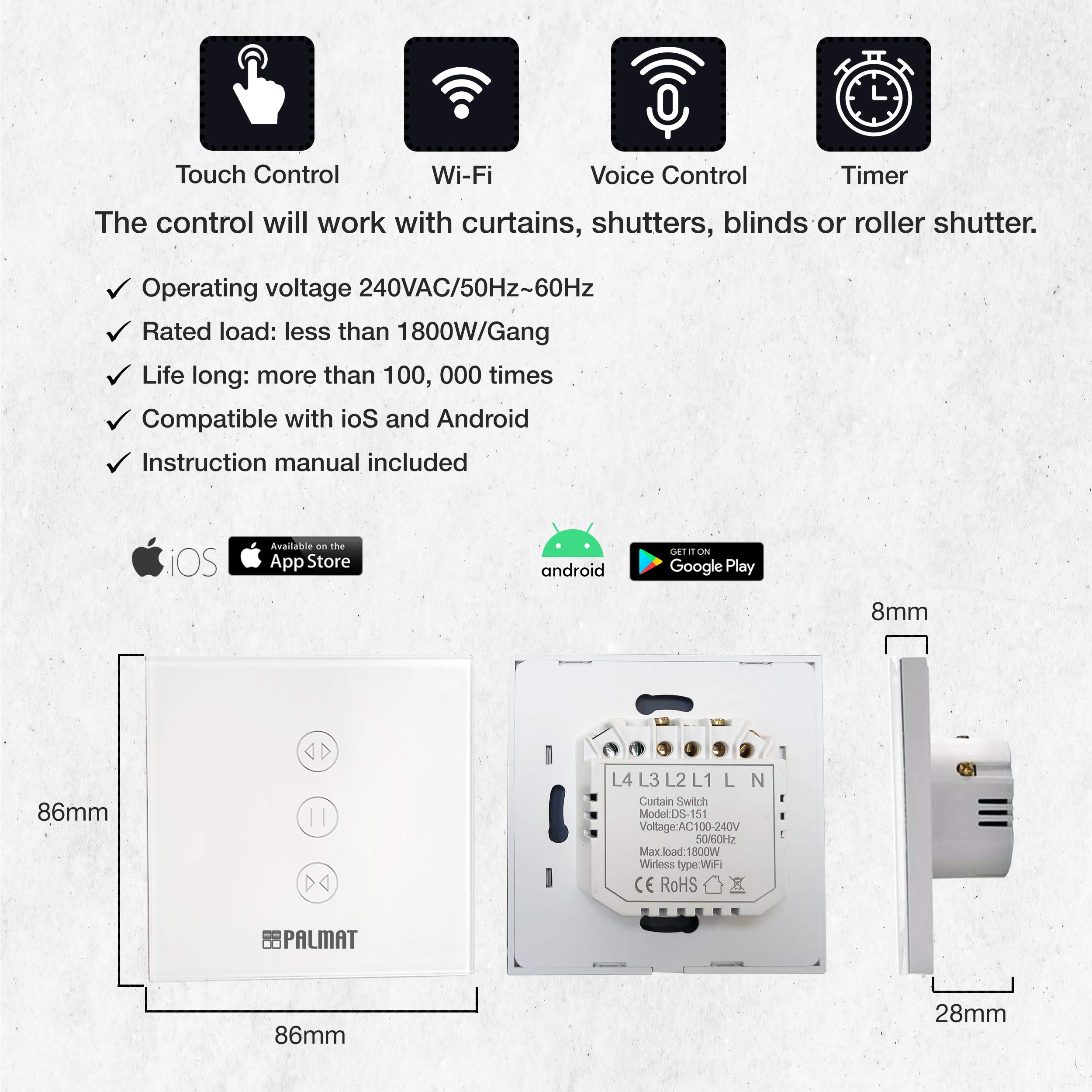 PALMAT Smart Set Commutateur de rideau avec Moteur électrique tubulaire pour volets roulants - Commande vocale, Pour volets ou stores à moteur, Compatible avec Alexa Google Home (60SW/ 45Kg, Noir)