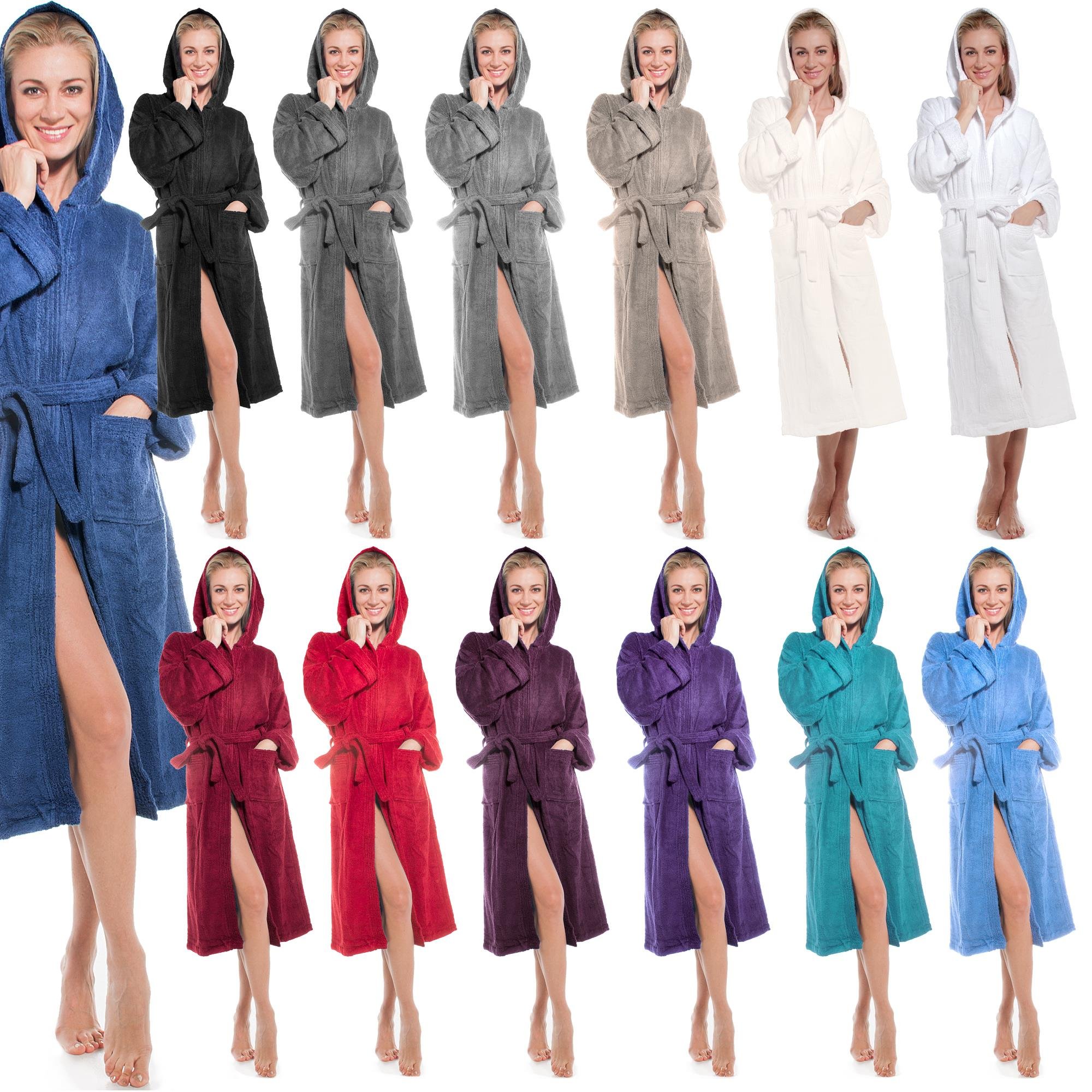 aqua-textil XS-XXXL Bademantel Kapuze Uni lang aufgesetzte Taschen Damen Herren Unisex warm Frottee Baumwolle OEKO-TEX Föhr