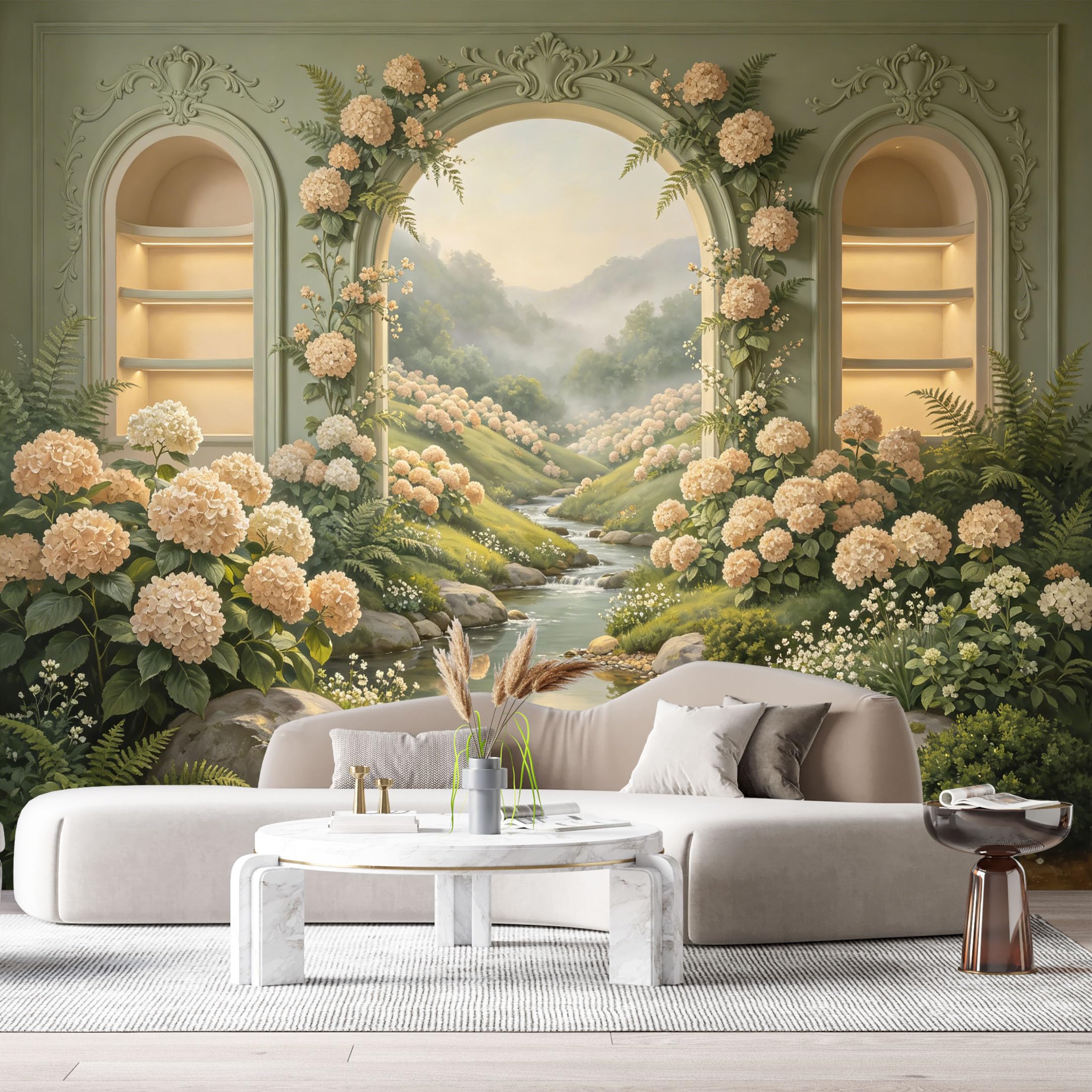 Custom Size Wall Murals Hydrangea Archway Landscape Mountain Stream 3D Trompe L'Oeil SelfAdhesiveWall Fabric Removable Wallpaper Wall Decor for Living Room Bedroom Bathroom
