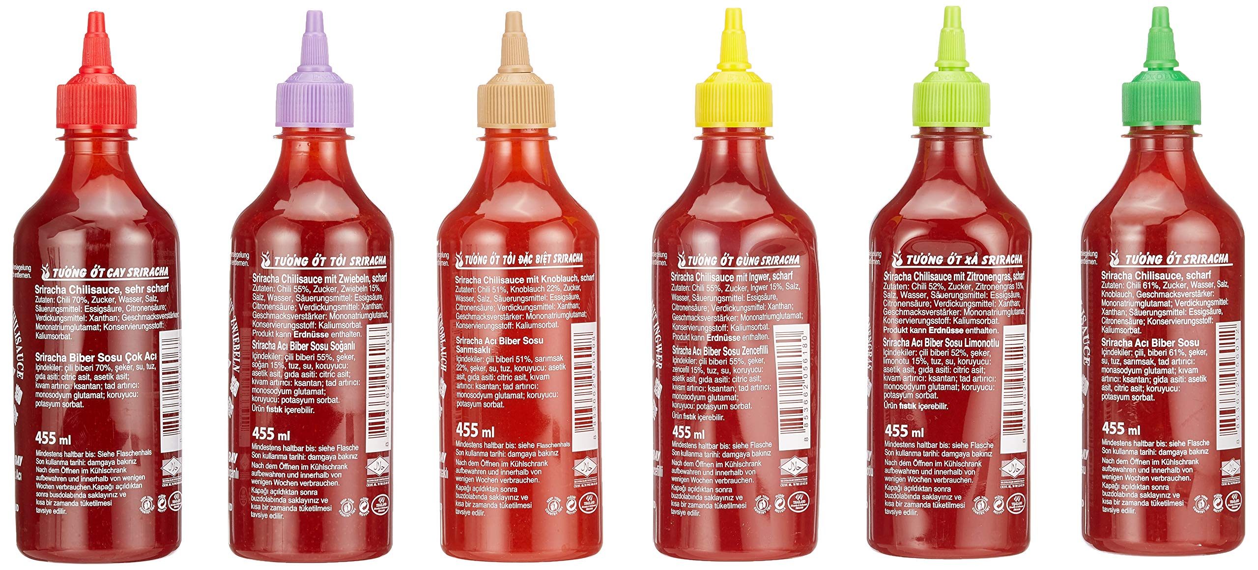 Flying Goose Sriracha scharfe Chilisaucen Mischkarton (in 6 Geschmacksrichtungen, Würzsaucen aus Thailand zum Würzen) 6er Pack (6 x 455ml) & Sriracha Chilisauce "BLACKOUT", (455 ml)