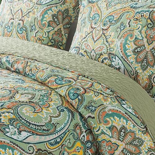 Miniatura 3 de NEWLAKE Juego de colcha de algodón, reversible, patrón floral verde europeo, tamaño Queen