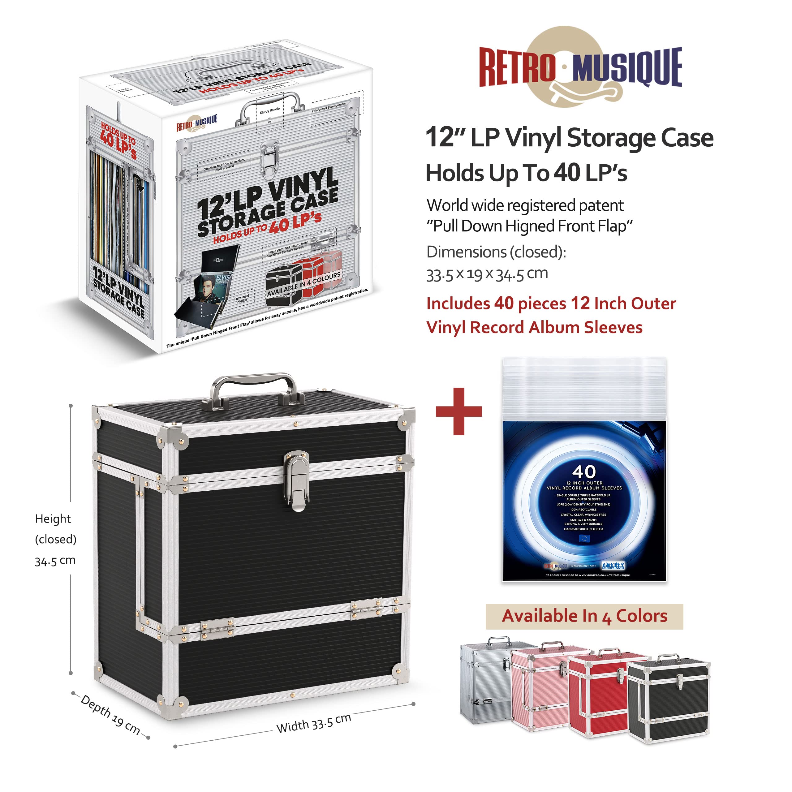 12" vinile Record Custodia di Immagazzinaggio con Unique Pieghevole Anteriore Flap, Contiene fino a 40 LP Include 40 vinile Record Maniche Esterne (Noir)