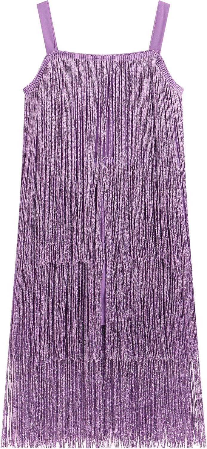 Kids Girls Sequin Fringe Dress Sparkling Tassel Sleeveless Dress Gatsby Flapper Dance Wear Party Latin Dance Dress