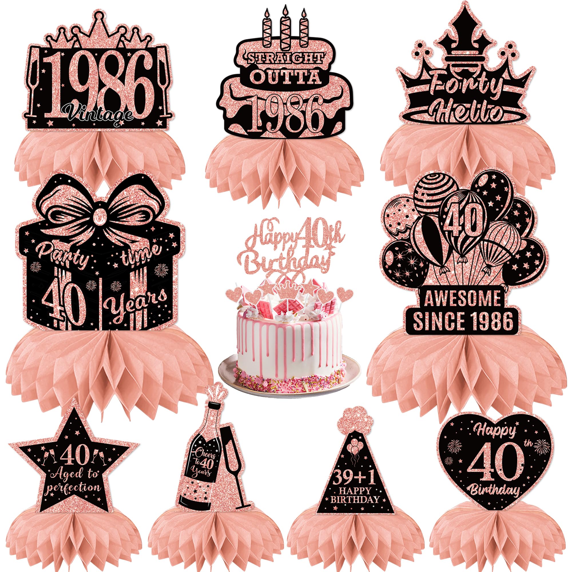 40th Birthday Party Table Decorations - Rose Gold Vintage 1986 Honeycomb Centrepieces and Cake Toppers, 17 Pcs Happy 40th Birthday Table Decorations for Women