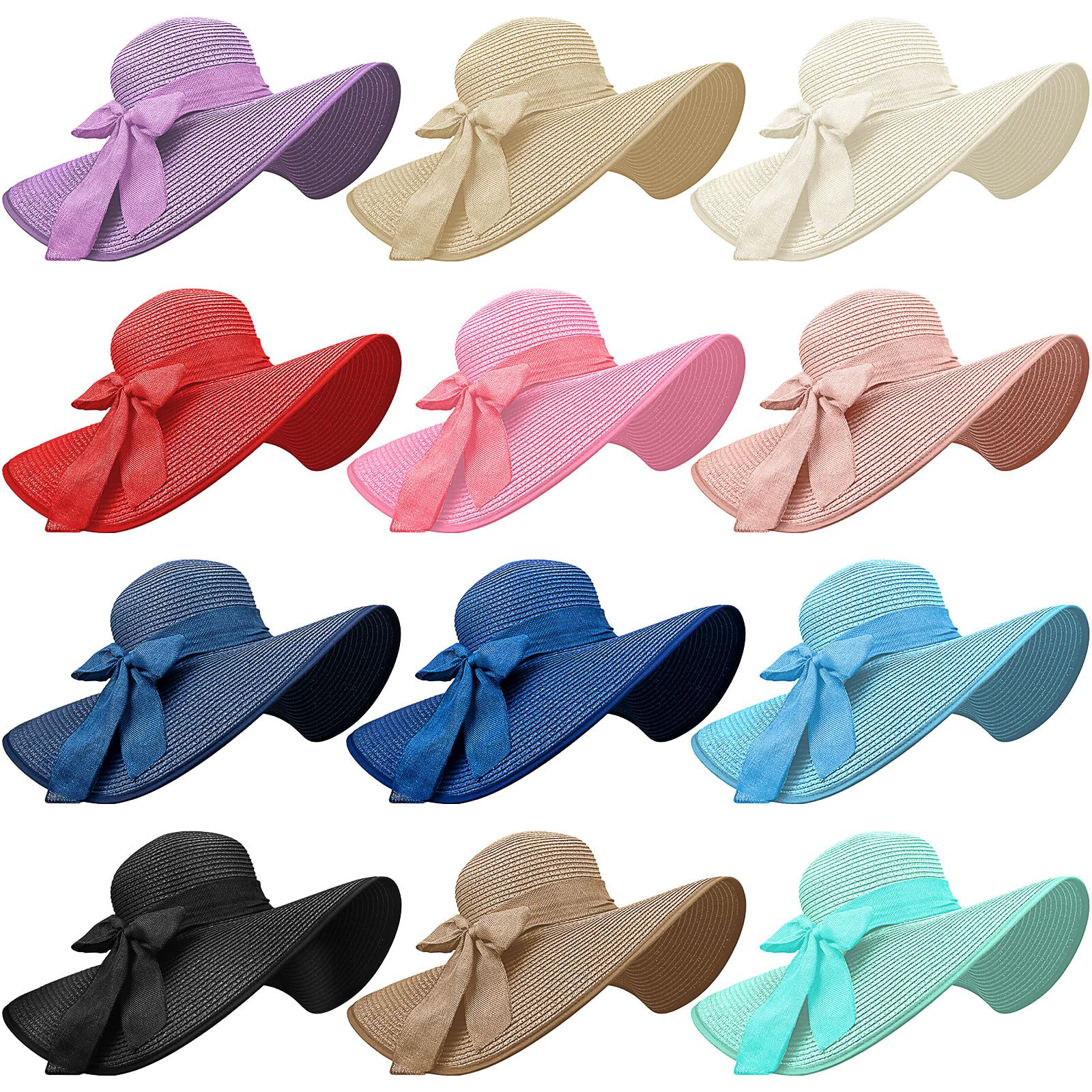 Set di 12 cappelli di paglia da donna estivi con fiocco, cappello da sole pieghevole, larghezza tesa UPF 50+, cappello da spiaggia arrotolabile, protezione UV per vacanze, feste, JGA, viaggi e