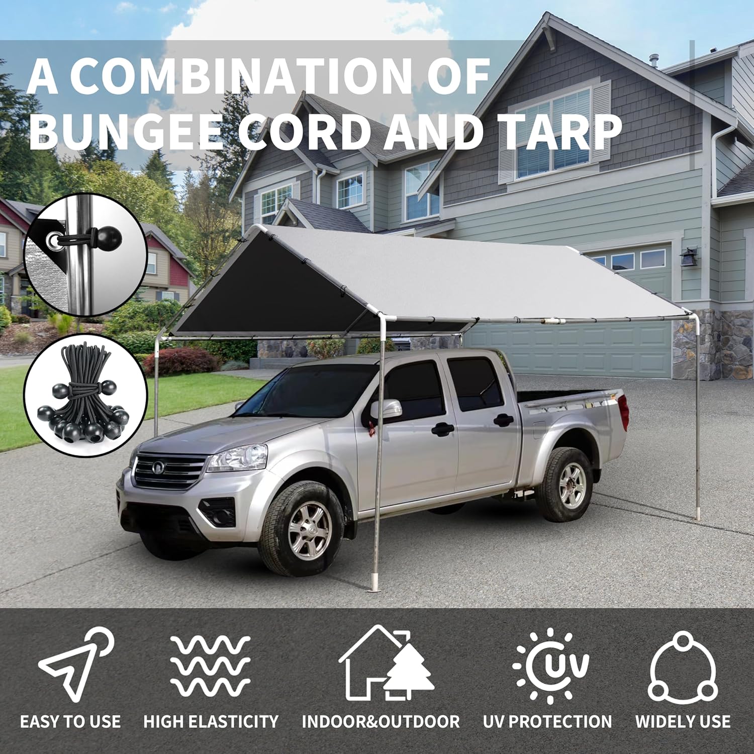 TARPAL 12X25 Tarps Silver 10.5Mil with Ball Bungee Cord Combination Multipurpose Protective Cover Heavy Duty Tarp UV Resistant Waterproof,Durable Reinforced Edges