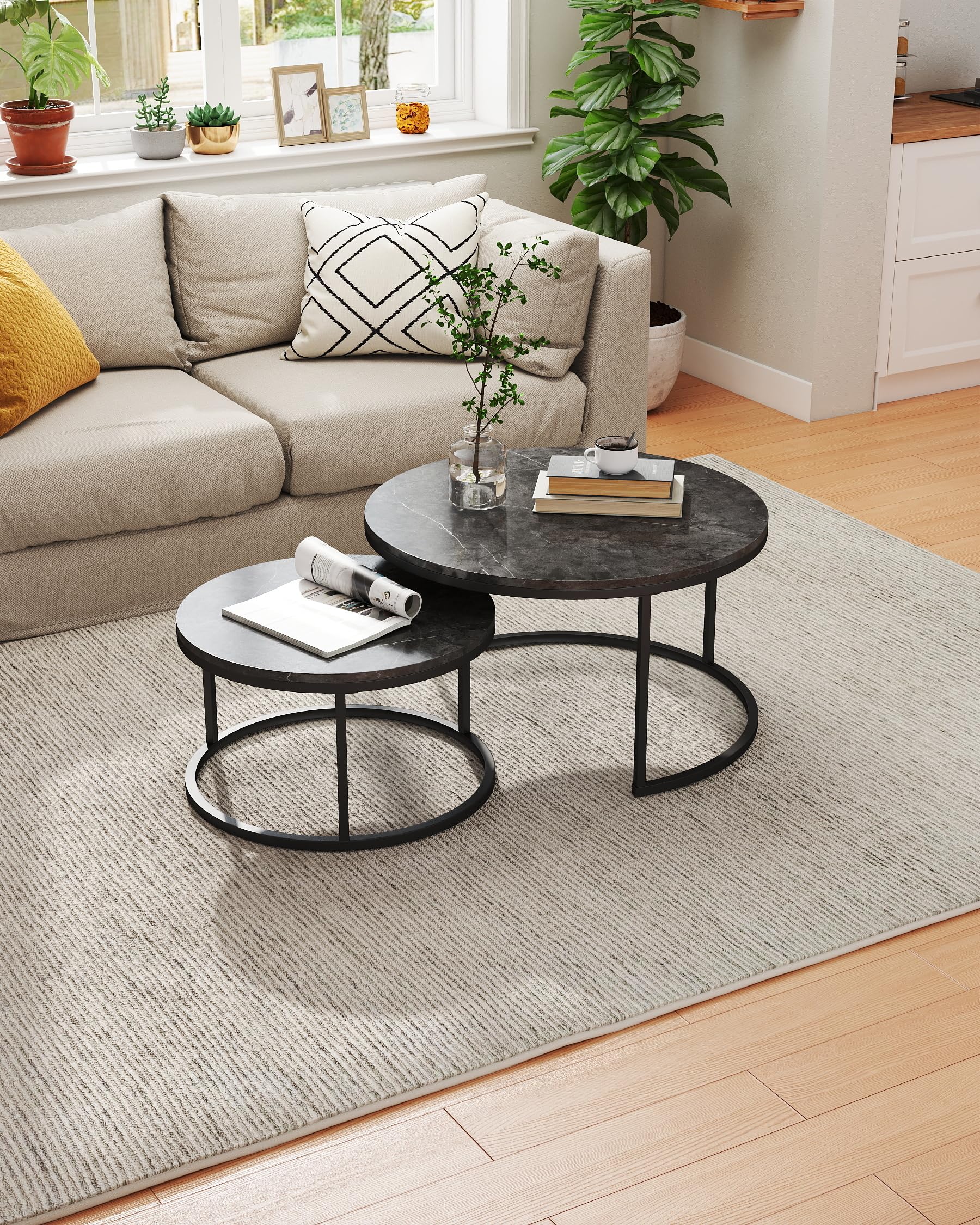 Mesa de Centro Redonda Moderna 2 Piezas 80+60 cm, Mesas Auxiliares para Salón Efecto Mármol Gris y Estructura Metálica Gris Mesa Centro Salon Elegante para Muebles de Salón