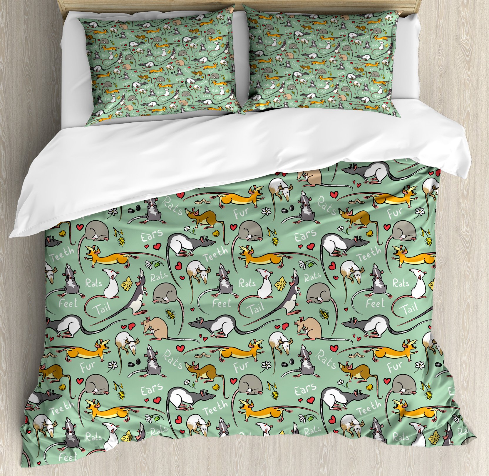 Lunarable Animals Duvet Cover Set, Cartoon Rats with Hearts Tail Teeth Feet and Ears Lettering Urban