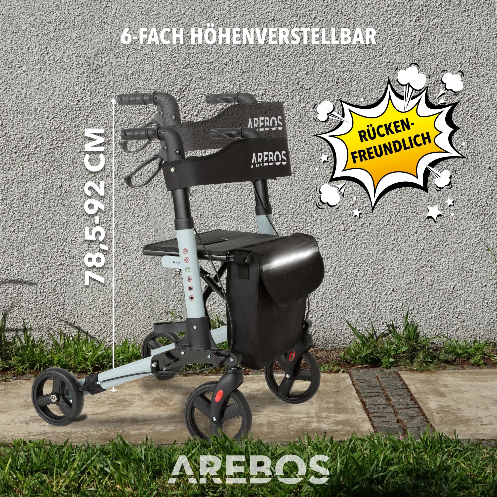 Arebos Leichtgewicht Rollator Aluminium | Reiserollator 6-fach höhenverstellbar | Faltbar | Inkl.Stockhalter und abnehmbare Einkaufstasche | Gehwagen Laufhilfe Gehhilfe mit Feststellfunktion | Schwarz