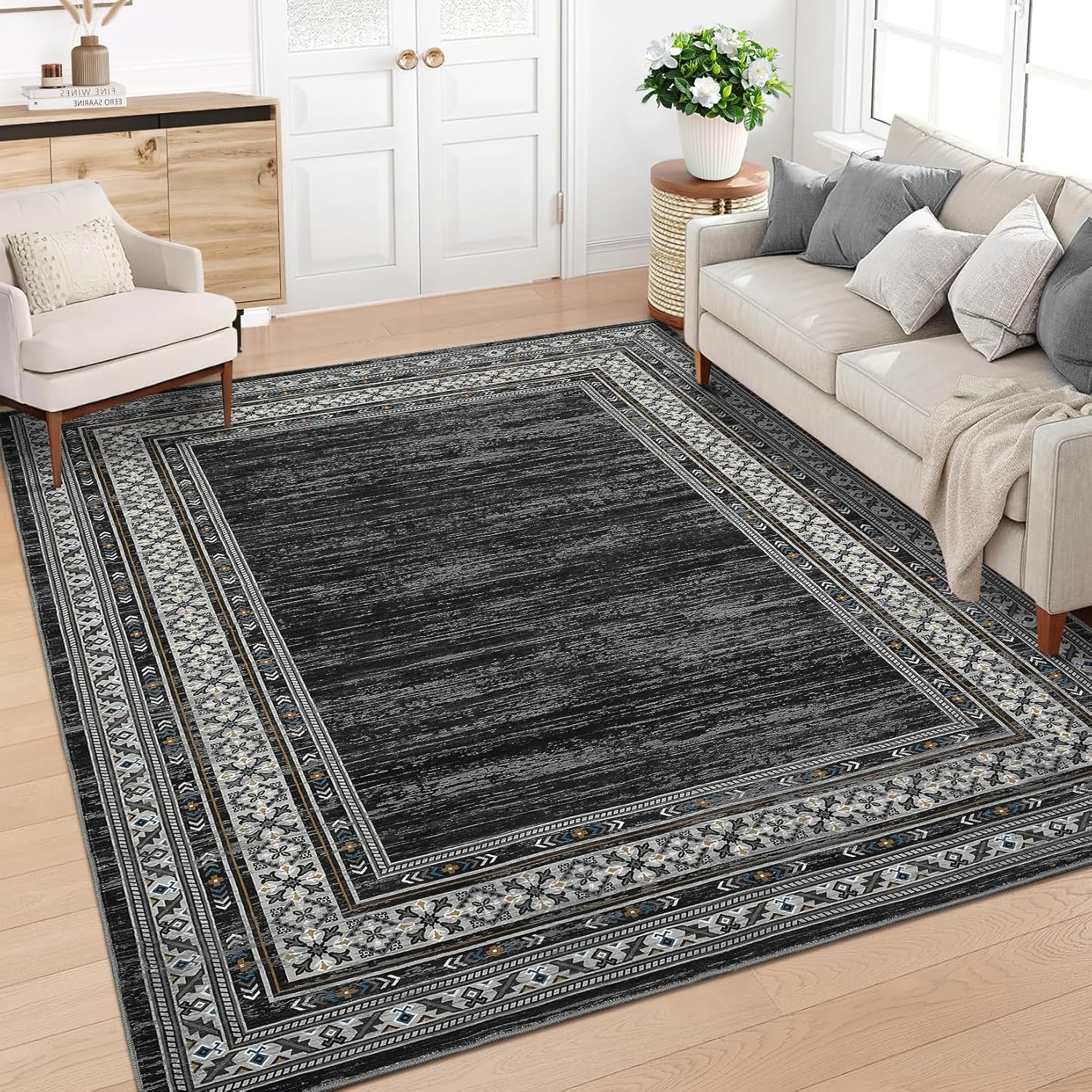Neutral Rugs for Living Room 9x12 Washable Non Slip Modern Solid Area Rug, Stain Resistant Bordered Soft Carpet, Neutral Foldable Floor Rugs for Bedroom, Dining Room, Nursery, Black Black 9' x 12' (Rectangular)