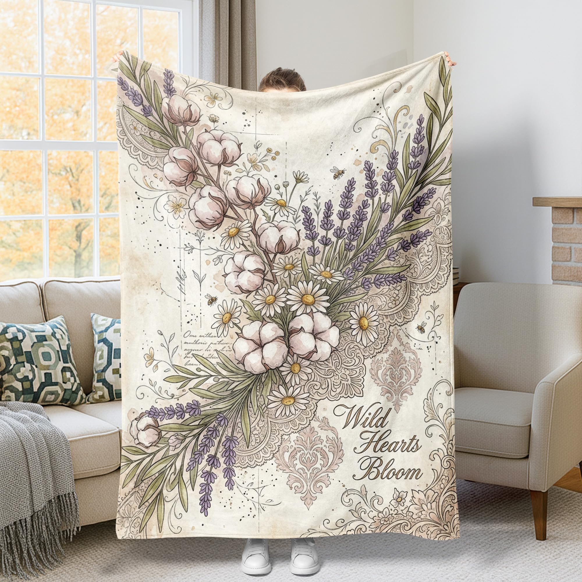 Plaid lavande et chrysanthème jeté de lit coton pour canapé et bureau