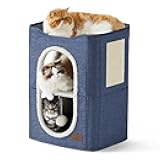 Bedsure 2 Story Cat House - Cat Condos for Indoor Cats with Scratch Pad and Fluffy Ball Hanging, Small Pet Cave Furniture Hideaway for Multi Pets, 18x14x23 inches, Blue