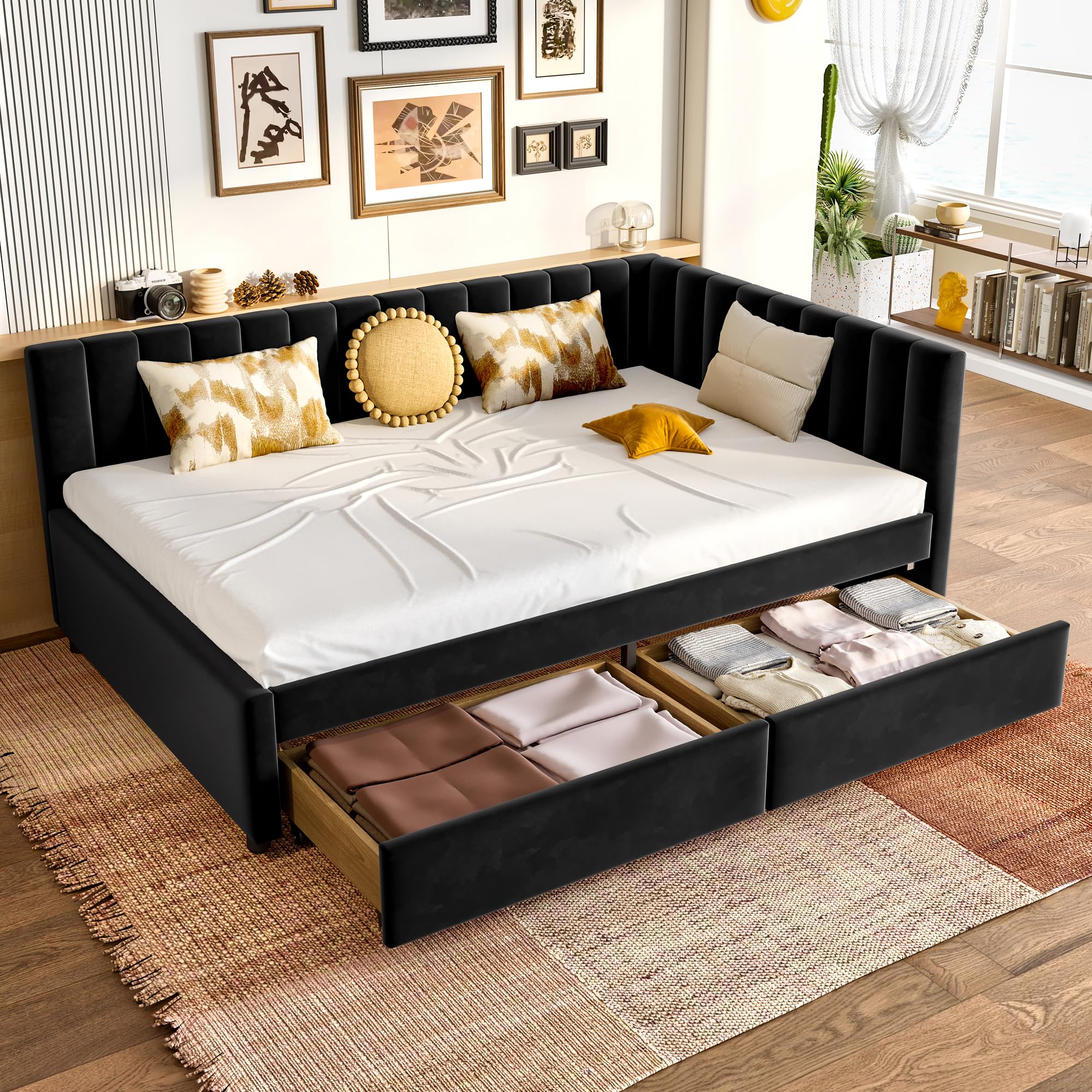 KEIKI Full Size Upholstered Daybed with Storage Drawers, L-Shaped Corner Bed Frame with Velvet Headboard, Modern Space-Saving Captain’s Bed for Living