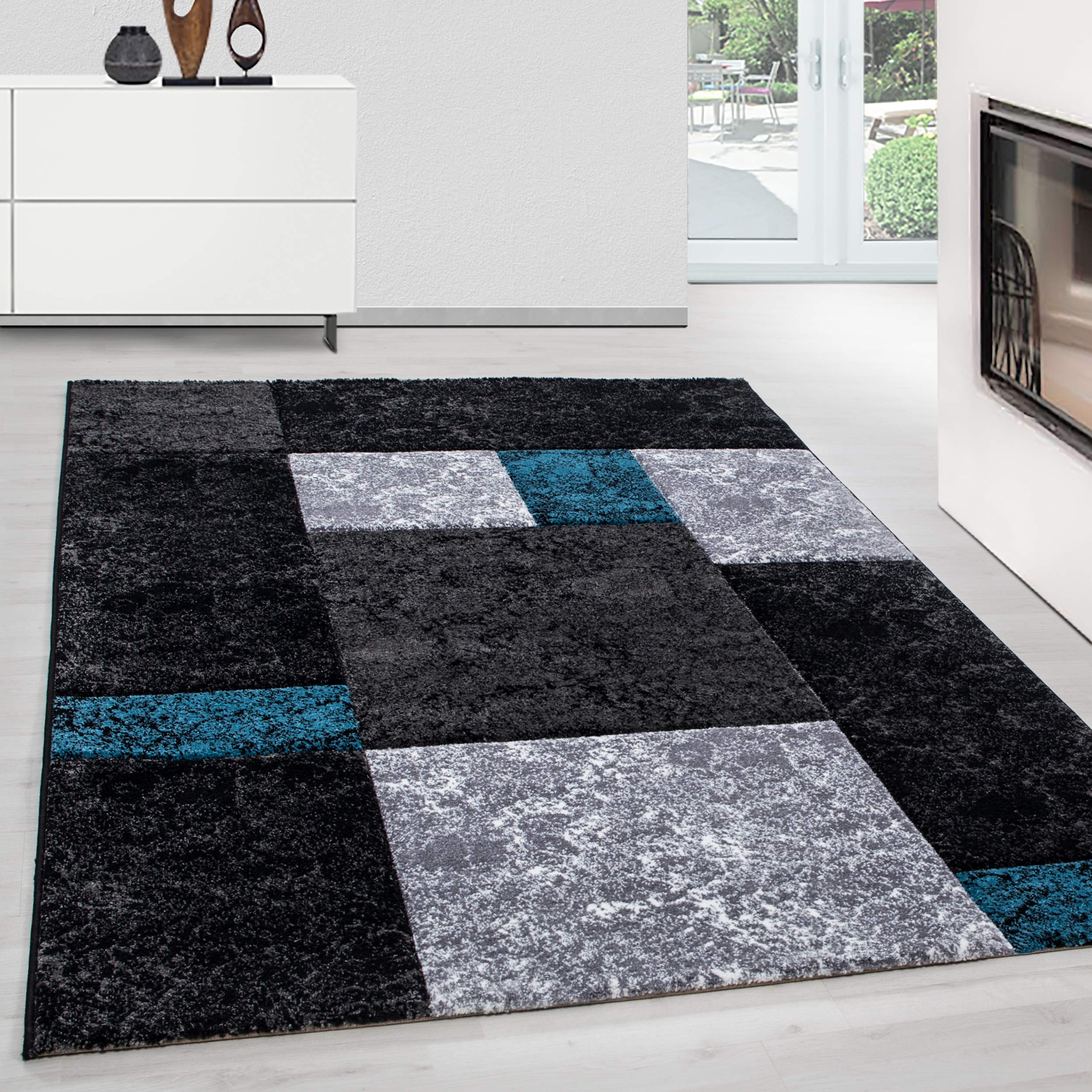 Designer Konturenschnitt Teppich Kurzflor, Kariert Design, Rechteckig, Grau - Schwarz, Pflegeleicht, Wohnzimmerteppich