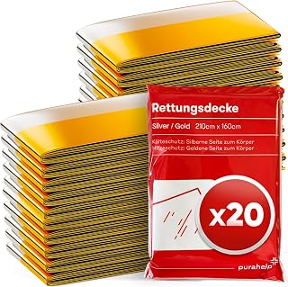 PURAHELP® Rettungsdecke Gold & Silber [20 STÜCK] - 210 x 160 cm | Notfalldecken für Erste Hilfe, Outdoor & Auto - Wetterfeste Überlebensdecken für Wandern, Camping & Notfälle