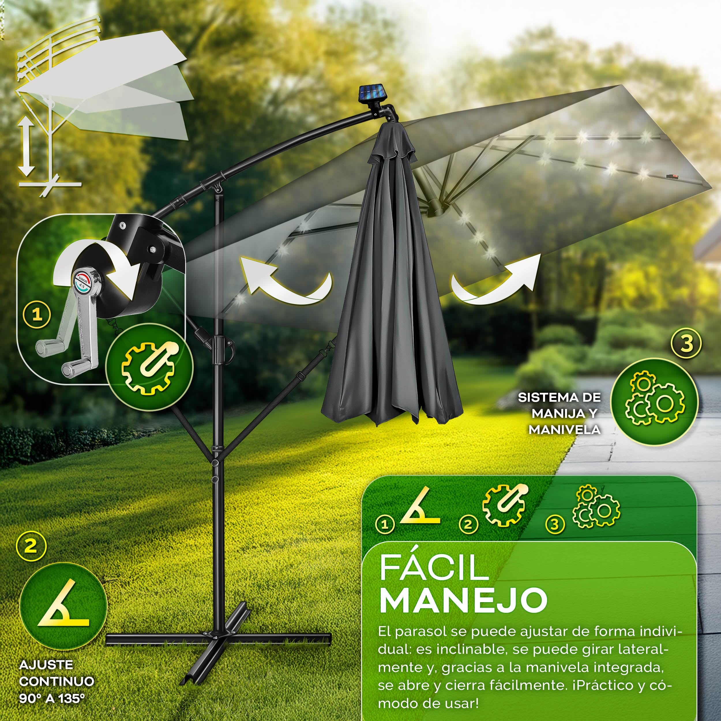 tillvex® Sombrilla de Jardín Rectangular Ø 330 cm con Manivela + Funda con Manivela | Sombrilla Terraza con Protección Viento | Parasol mercado impermeable + Protección UV