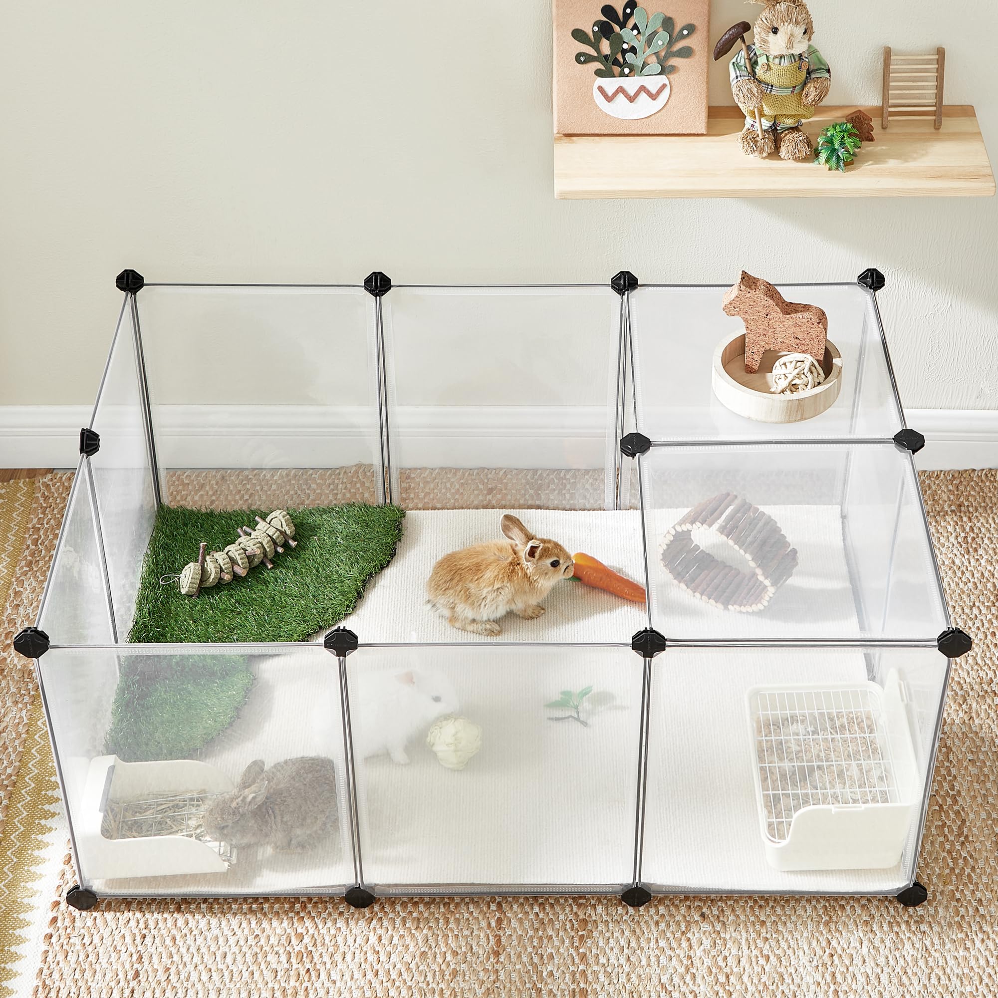 SONGMICS Freigehege mit Bodenplatten, 2er Set, Laufstall, Meerschweinchen Gehege, aus Kunststoff, Gehege für Hamster, Kaninchen, Igel, 125 x 63 x 42 cm, weiß LPC001W02