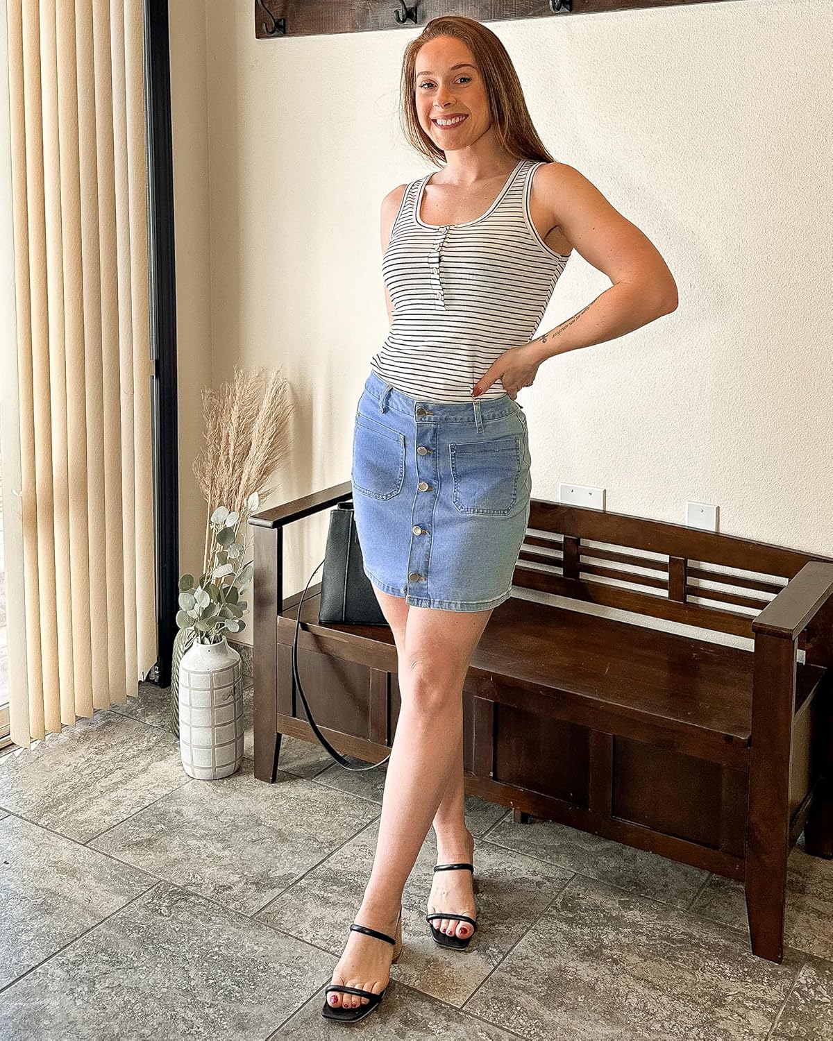 luvamia Jean Skirts for Women Denim High Waisted Trendy Stretchy Mini Button Front Short Pencil Skirt with Patch Pockets - Image 3