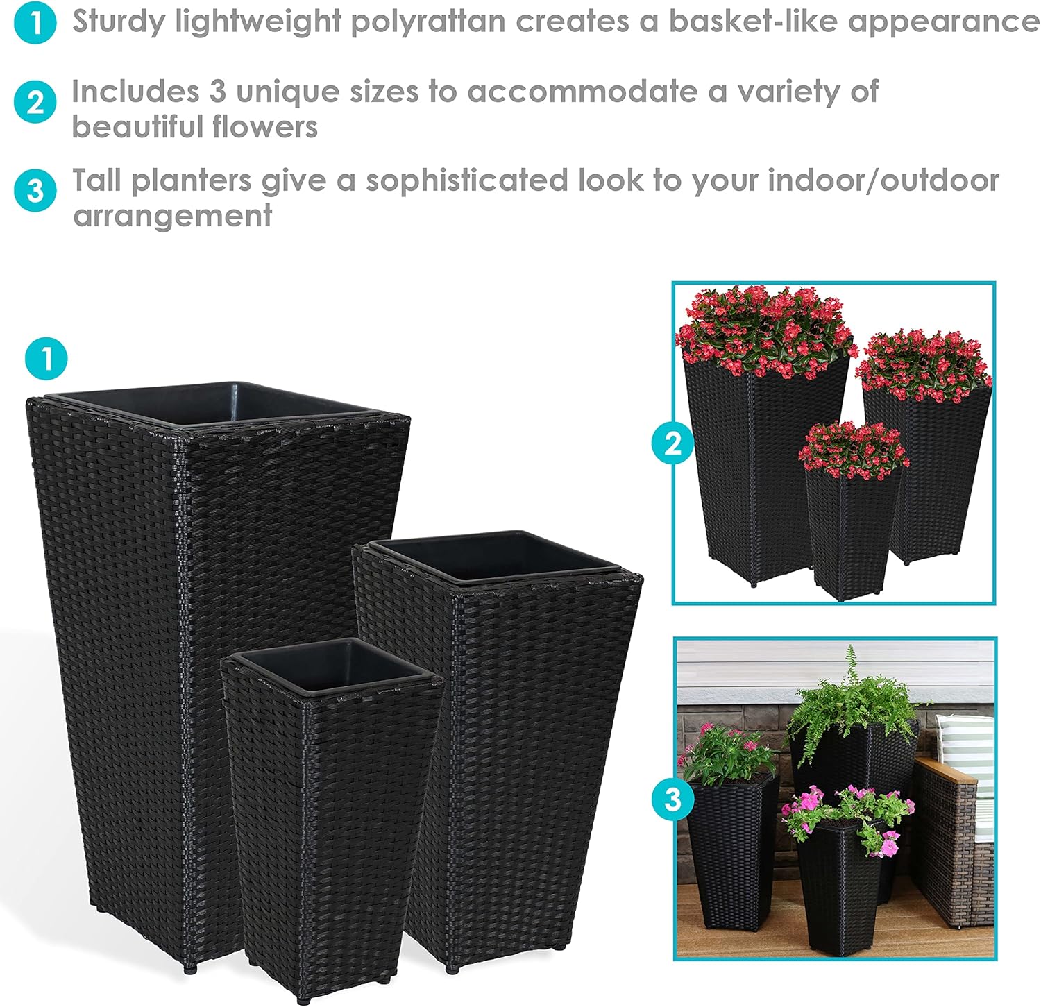 Sunnydaze Square Tall Wicker Outdoor Planter Set of 3 - Polyrattan Large Outdoor Planters for Porch, Patio or Garden - 9", 11.5", 14.75" Tall Plant Pots - Black