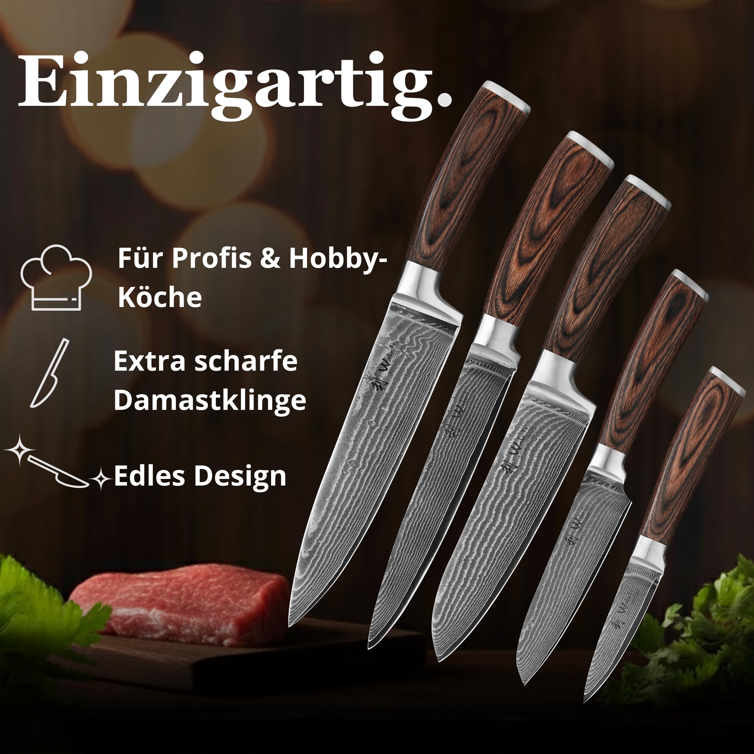 Wakoli EDIB Damastmesser Set (5-teilig) Küchenmesser Set aus 67 Lagen Damaststahl mit VG10-Kern, Pakkaholzgriffen, extrem scharfe Kochmesser, Chefmesser, Santoku, Fleischmesser, Gemüsemesser - Holzbox