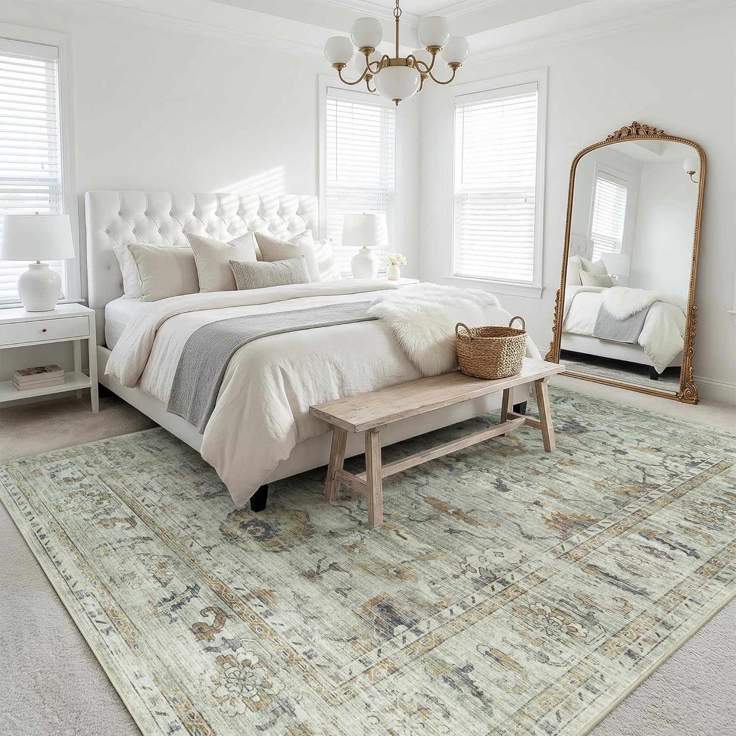 Washable Rugs 6x9 Area Rugs for Living Room,Rug for Bedroom, Vintage Distressed Non-Slip, Ultra Soft Faux Wool Carpet for Dining Room, Sage Green Gray Soft Gold Neutral for Home Office Décor
