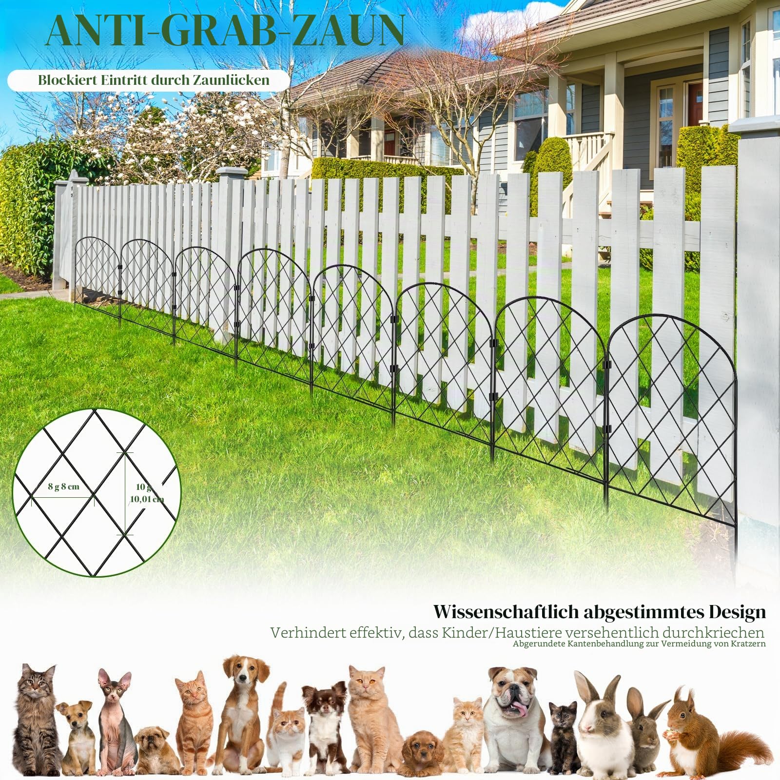 Gartenzaun Metall 20 Stück, 650 cm max. Länge, dekorativer Beetzaun mit Rostschutz, 40 x 32,5 cm Steckzaun mit 40 Clips 20 Kabelbindern 40 Erdspießen, flexibel formbar für Garten und Rasen (20)
