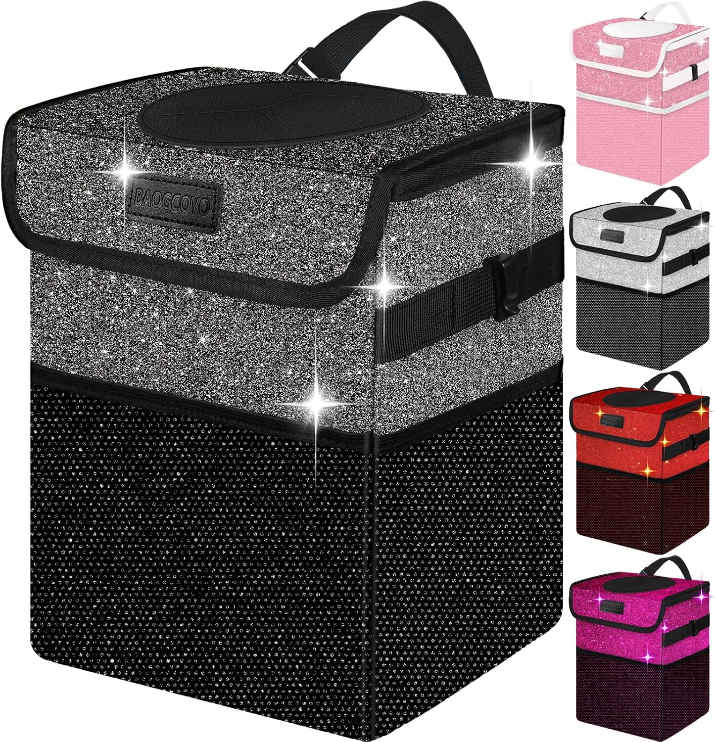 Cute Mini Car Trash Bag with Lid, Glitter Garbage Can Bin Hanging for Back/Front Seat/Console, Waterproof, Leakproof, 2.5 Gallon, Black Bling Sparkly