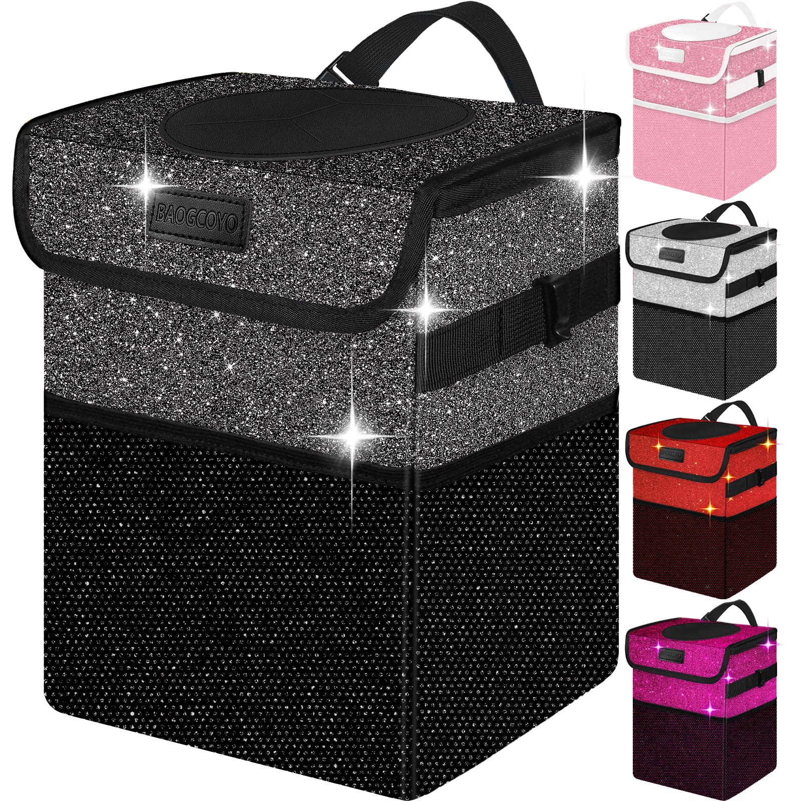Cute Mini Car Trash Bag with Lid, Glitter Garbage Can Bin Hanging for Back/Front Seat/Console, Waterproof, Leakproof, 2.5 Gallon, Black Bling Sparkly