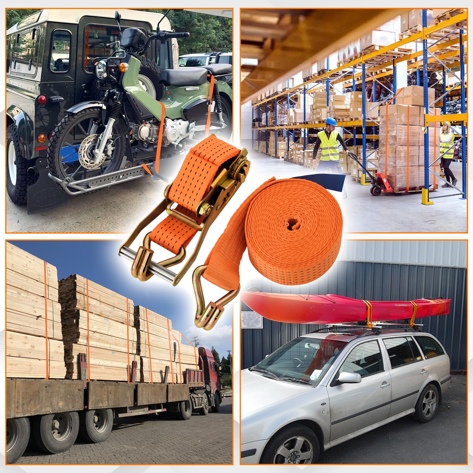 Confezione da 4 cinghie a cricchetto da 5,1 cm x 5,1 m, doppio gancio a J, resistenti, resistenza alla rottura di 2.268 kg, cinghie standard a cricchetto per furgoni, camion, rimorchi, colore