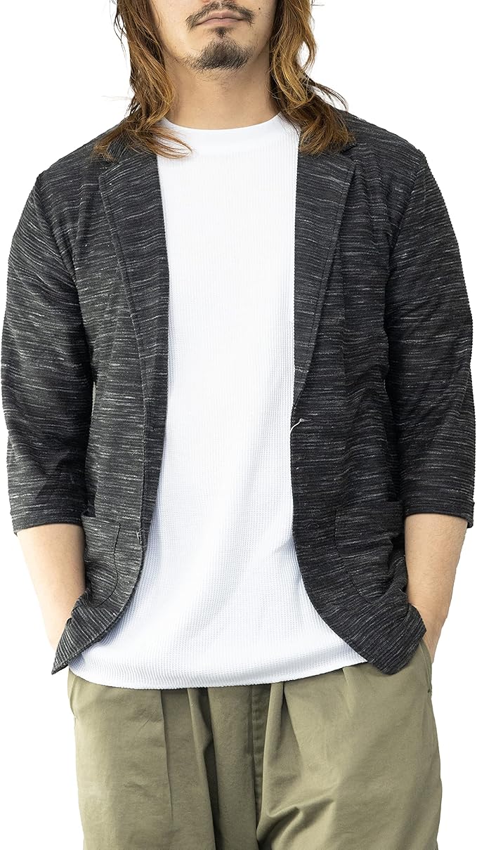 Amazon スコーネ Skkone テーラードジャケット メンズ 7分袖 スラブ糸 リップル スリム 薄手 細身 杢 ブラック ネイビー グレー サマージャケット カジュアル キレイ目 春 夏 服 コート ジャケット 通販