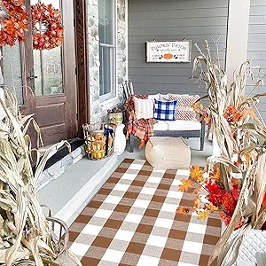 Ckorzen Coffee and White Plaid Rug, 4' x 6' Outdoor Front Porch Door Decor Mat, Washable Cotton Woven Farmhouse Area Rug for Layered Door Mats Carpet, Entryway, Easter Décor