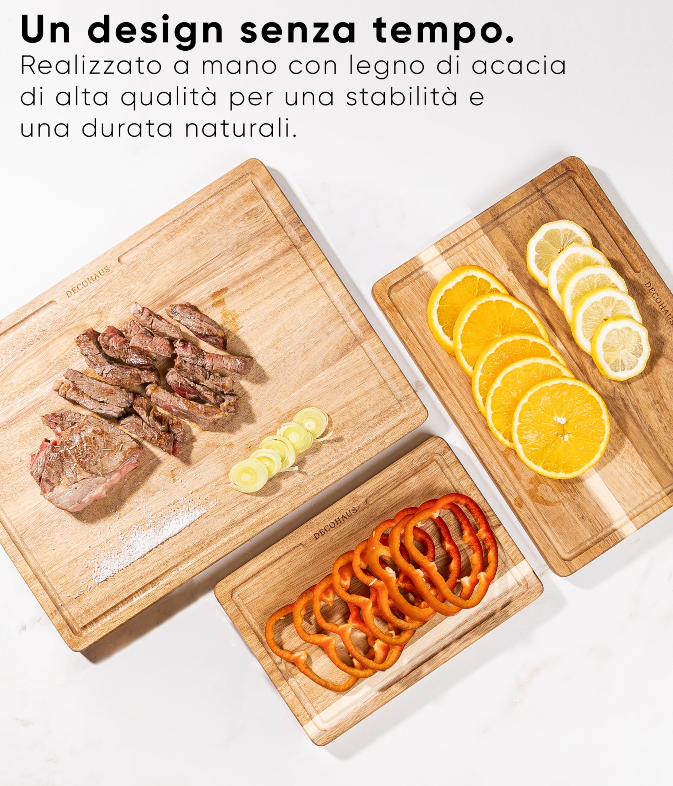 Deco haus Set di 3 Taglieri in legno di acacia robusta con scanalatura [SPESSORE 2 cm] - Taglieri con scanalatura per il succo - Chopping board 40x30, 33x24, 26x18