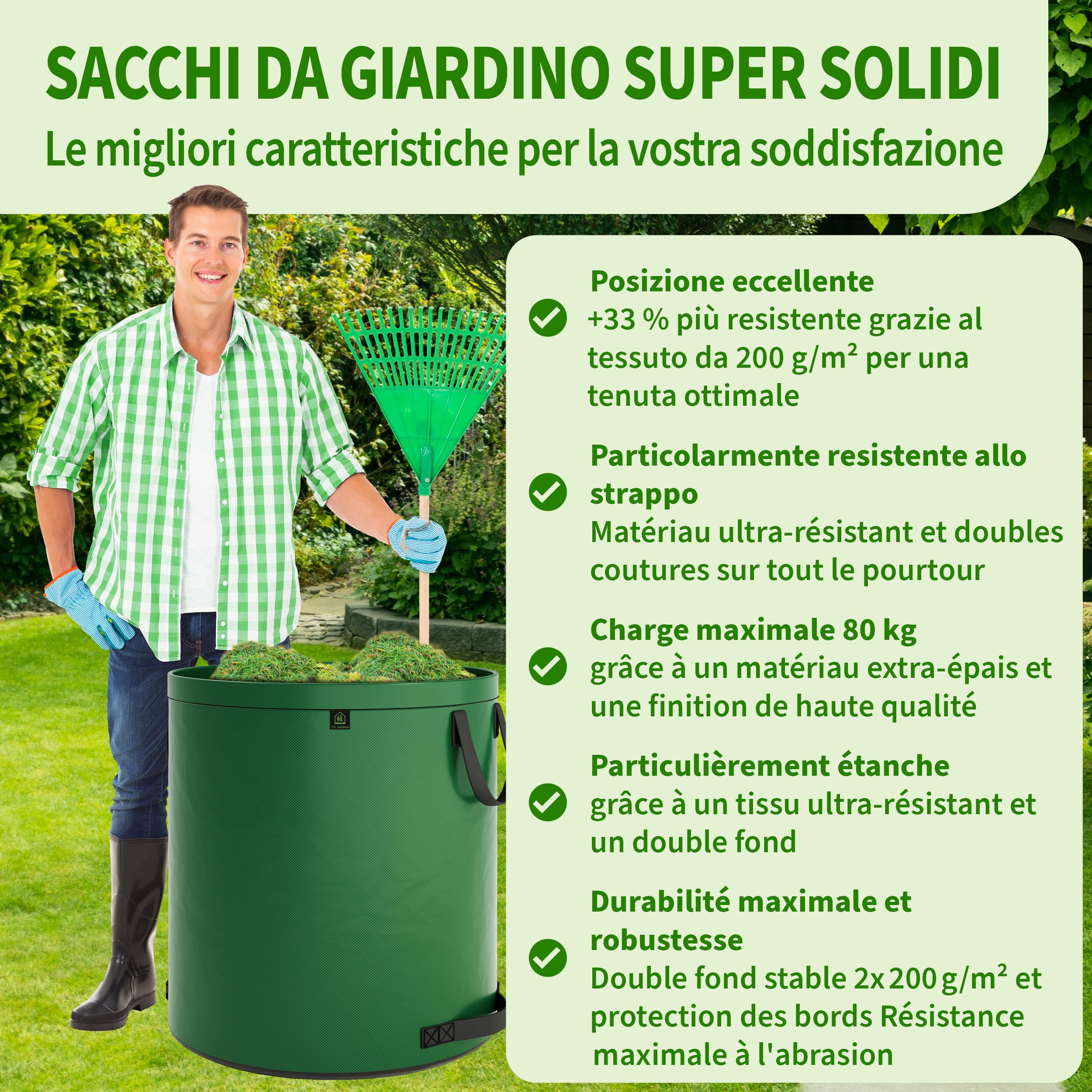 TTL Garden 2 sacchi da giardino Super Solid, 272 l, colore verde, doppio fondo, 2 x 200 g/m², extra stabili e antistrappo, 4 manici, grandi e robusti, set da 2 sacchi per foglie, siepe, rifiuti da