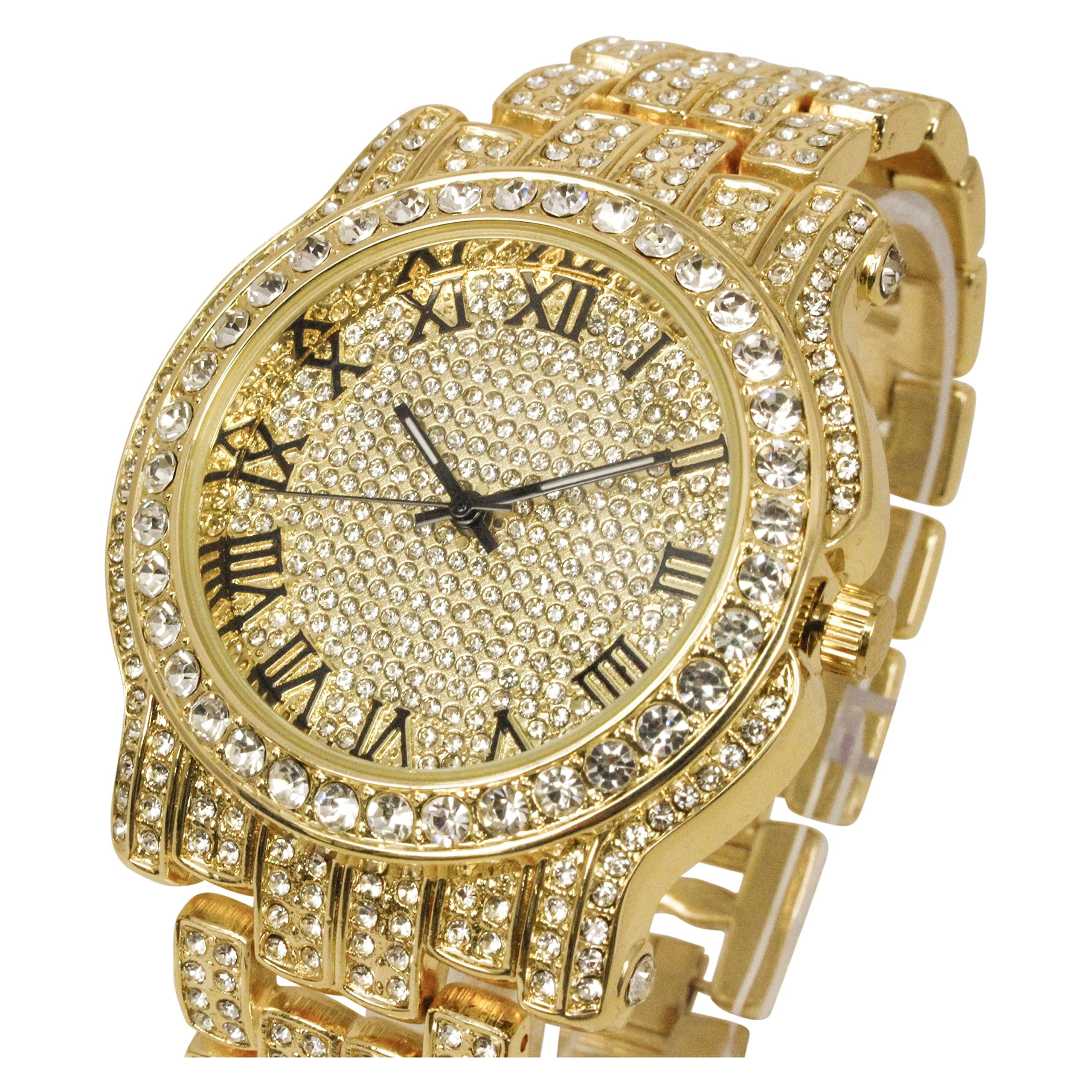 Charles Raymond Bling-ed Out Round Orologio da uomo di lusso con bracciale cubano Bling-ed Out e set di anelli re ghiacciati - L0504 BR 3 pezzi Set