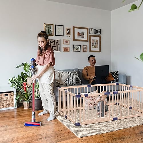 Miniatura 7 de Bonrcea Corral de juegos para bebés con valla de puerta parque de juegos de zona segura puerta de bloqueo madera natural 5905 x 7086 pulgadas sin