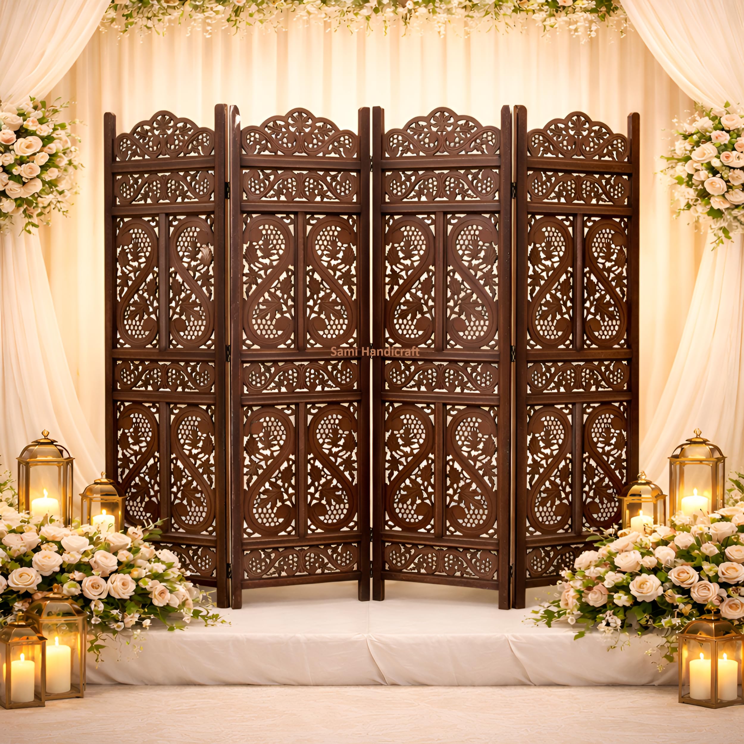 Wooden Room Divider 6 Feet, 4-Panel Folding Wooden Partition for Living Room, Office, Pooja Room, Restaurant, Kitchen & Balcony (2W x 1.82H Meters). (Light Brown- S Pattern)