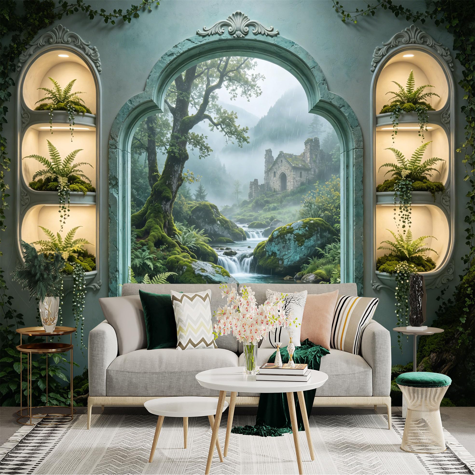 Custom Size Wall Sticker Mural， Enchanted Forest with Waterfall and Ancient Ruins View， for wall Decoration， peelandstick wall Decals.