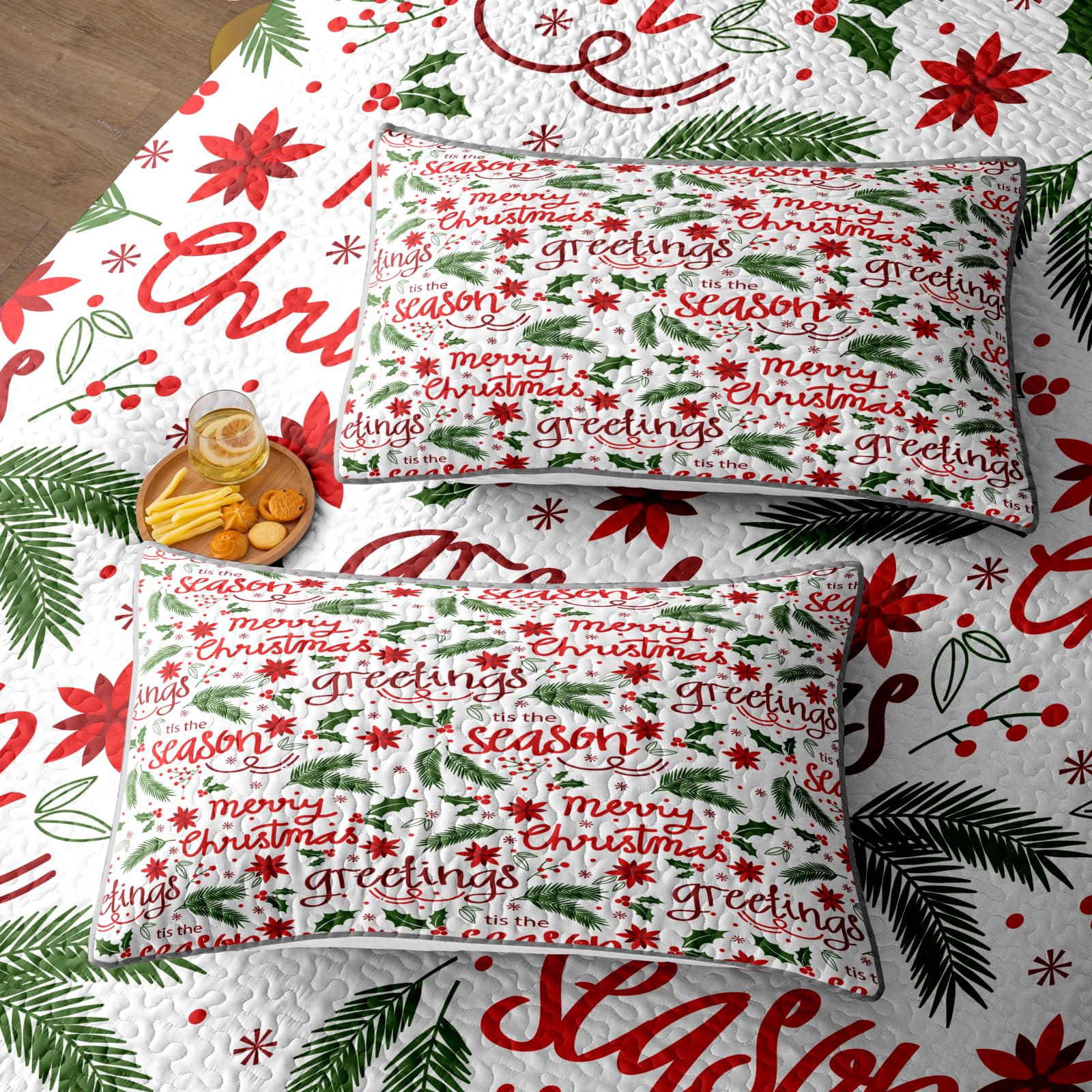 Leaves Berry Weihnachts-Steppdecken-Set für King-Size-Bett, 3-teilig, leichte Bettdecke mit Kissenbezügen für alle Jahreszeiten (Blätter, Kingsize-Bett (228,6 x 264,2 cm)