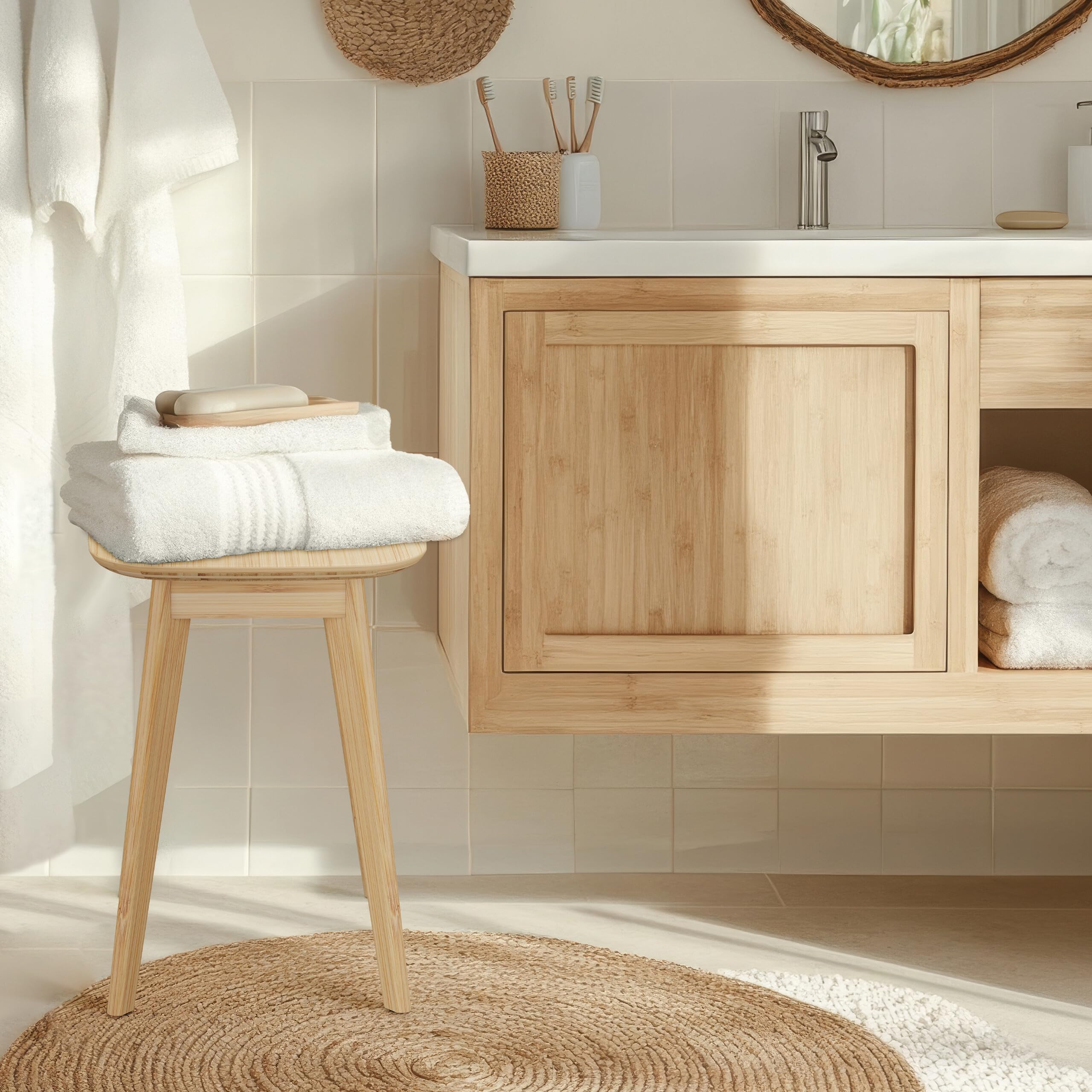 Relaxdays Taburete de Bambú, Banqueta para Cocina, Pasillo y Baño, 46 x 33 x 33 cm, Madera, Banca para Plantas, Natural