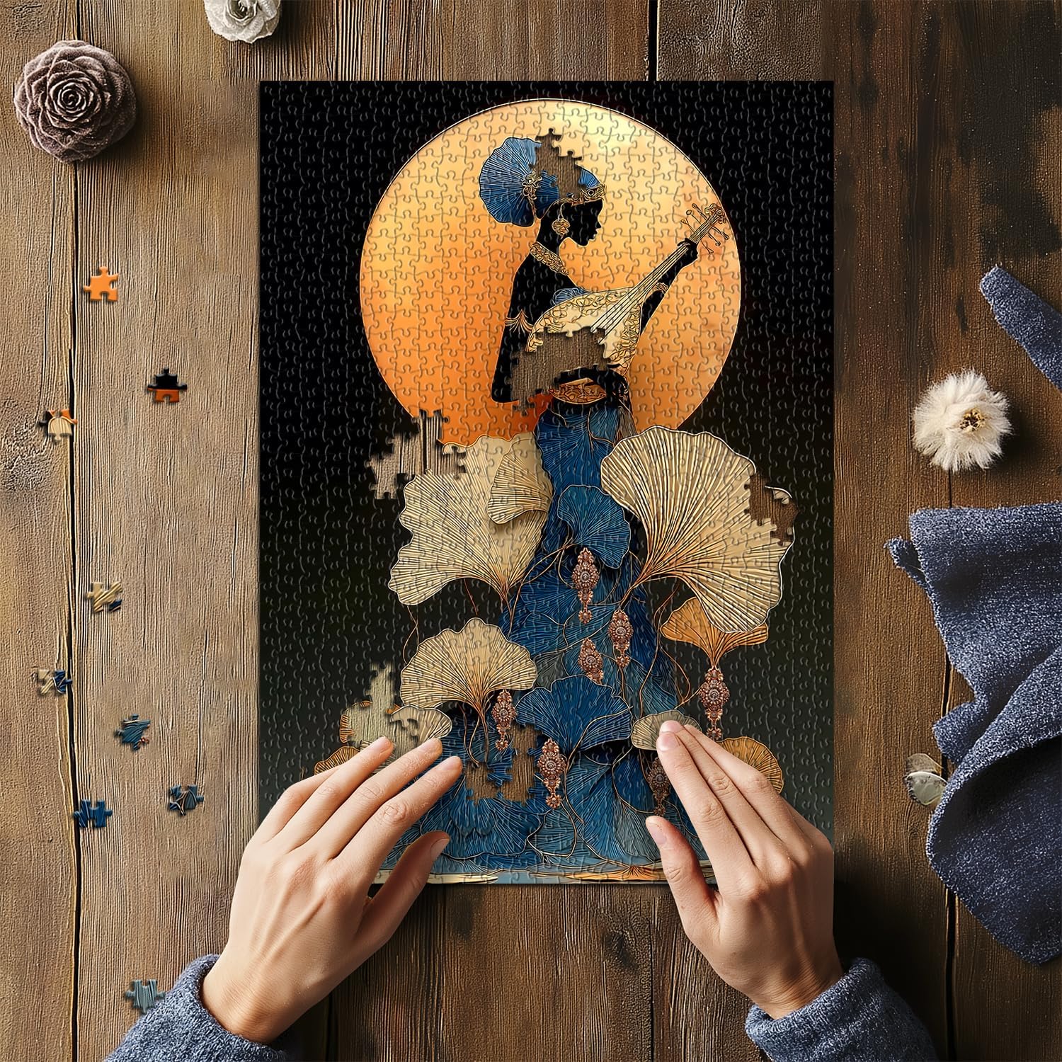 Impossible Puzzles for Adults 1000 Pieces，Music Lady Puzzles, Black Woman Puzzle Art Feature Leaf Moon Musical Instruments,Elegant Puzzle as Wall Decor