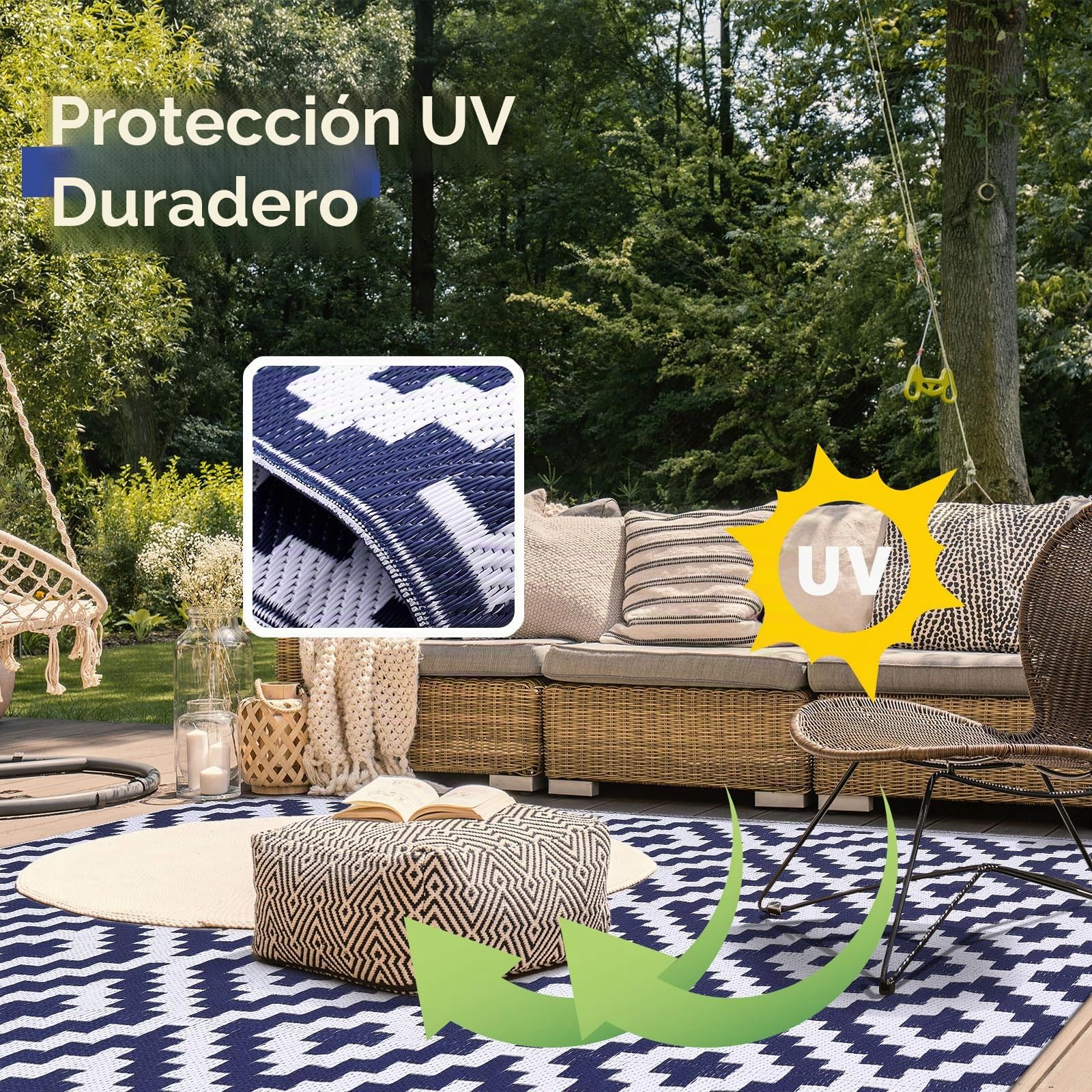Homaxy Alfombra de exterior resistente a la intemperie, de plástico paja, resistente a los rayos UV, reversible, lavable, para balcón, jardín, terraza, camping, pícnic (150 x 240 cm, azul marino y