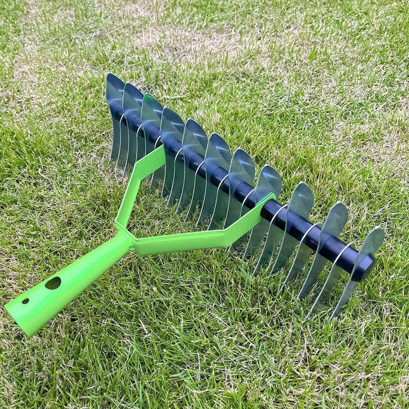 BORDSTRACT Rastrillo de Paja de Acero Inoxidable, Dientes de Punta Curvada para techar césped, Herramienta de Mantenimiento de jardín, para resembrar, Cultivar