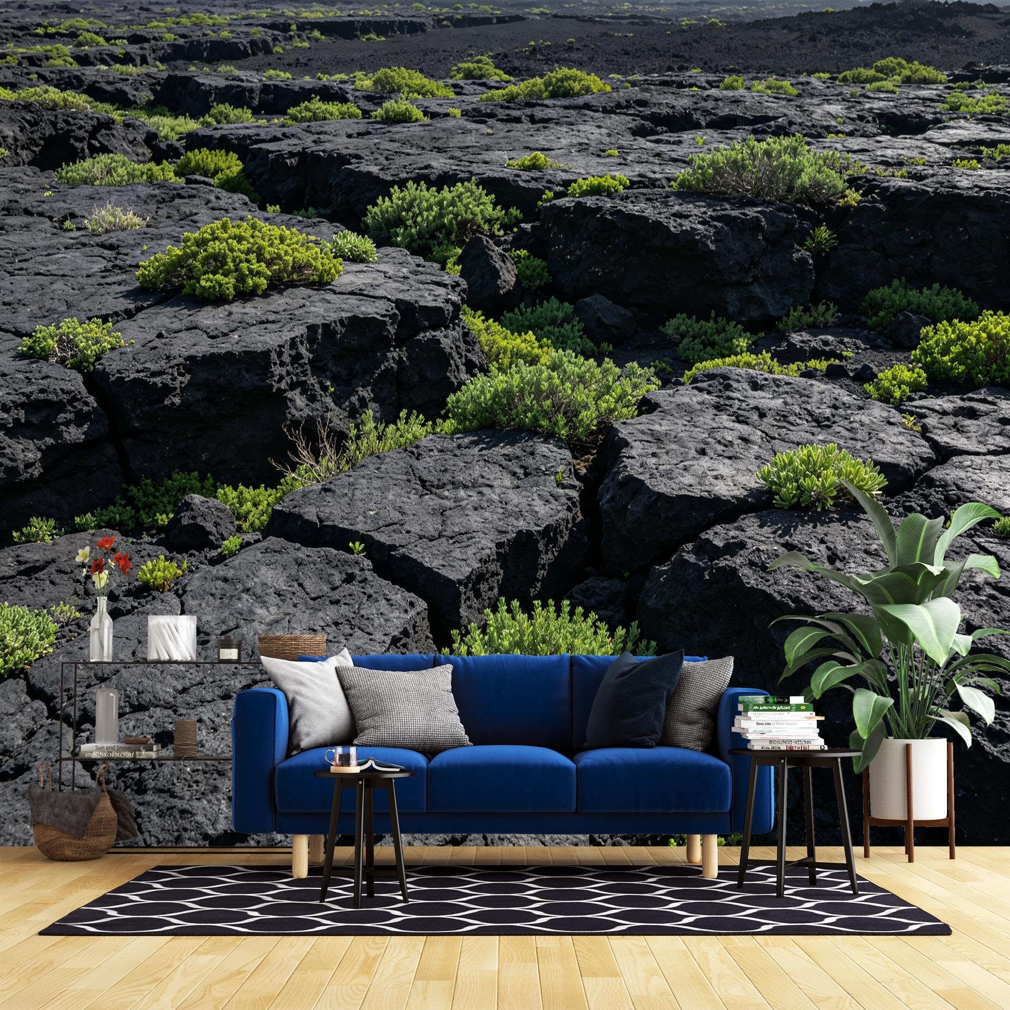 Murale Panoramico in Pietra Lavica Nera, Carta da Parati in Vinile Denso Resistente Impermeabile Autoadesiva per Paesaggi Vulcanici Naturali e Rimosso, 400×280Cm (157×110inch)