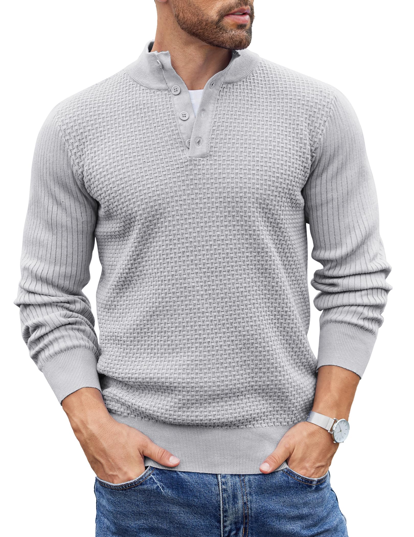 Men's Quarter Button Sweater Lightweight Mock Neck Pullover Sweater Fashion Casual Knitted Waffle Henley Sweater