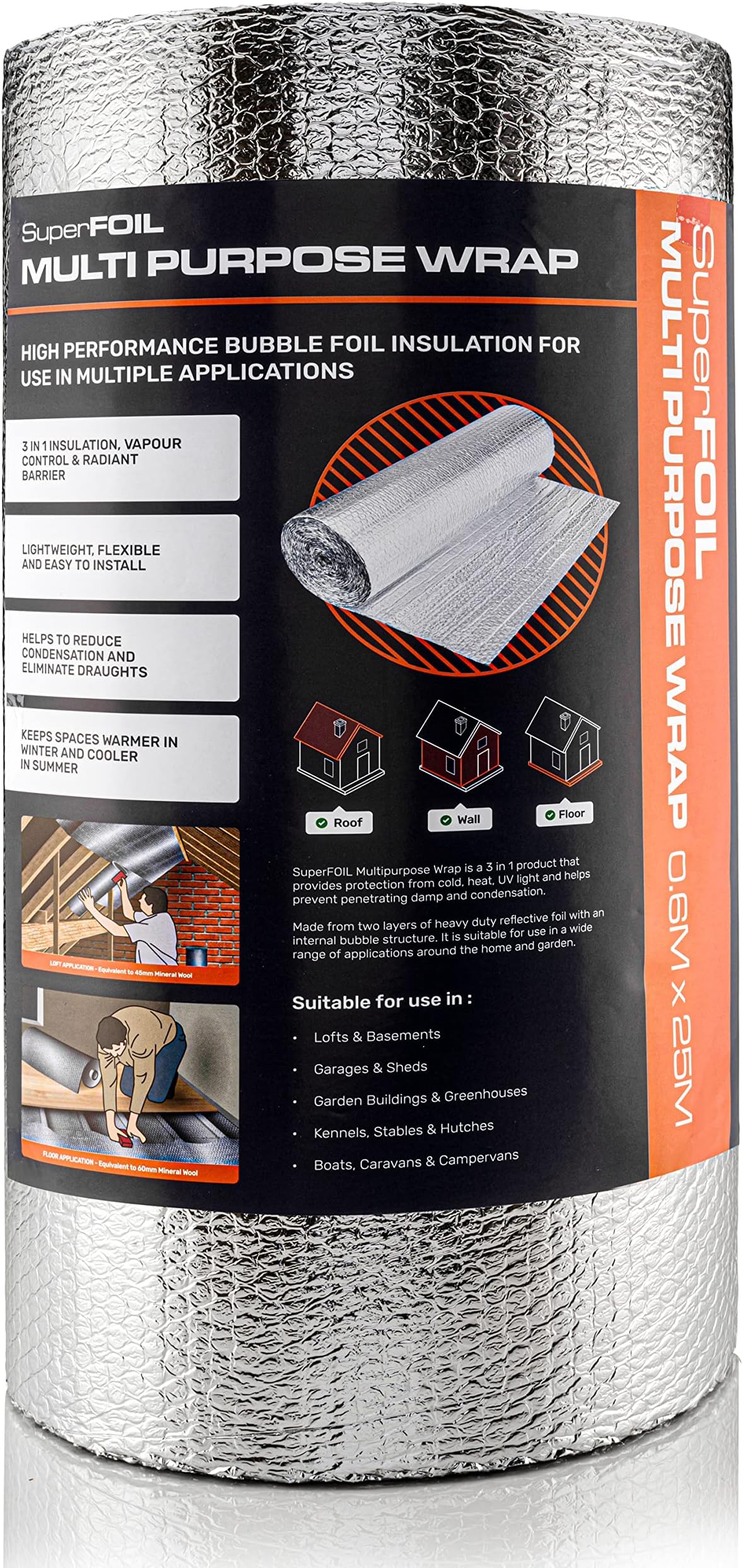 SuperFOIL Foil Insulation Roll - Energy Saving DIY Bubble Foil Sheet - 3-in-1 Sustainable Thermal Insulation Reflective Radiant Barrier & Vapour Barrier (Silver, 0.6m x 25m)