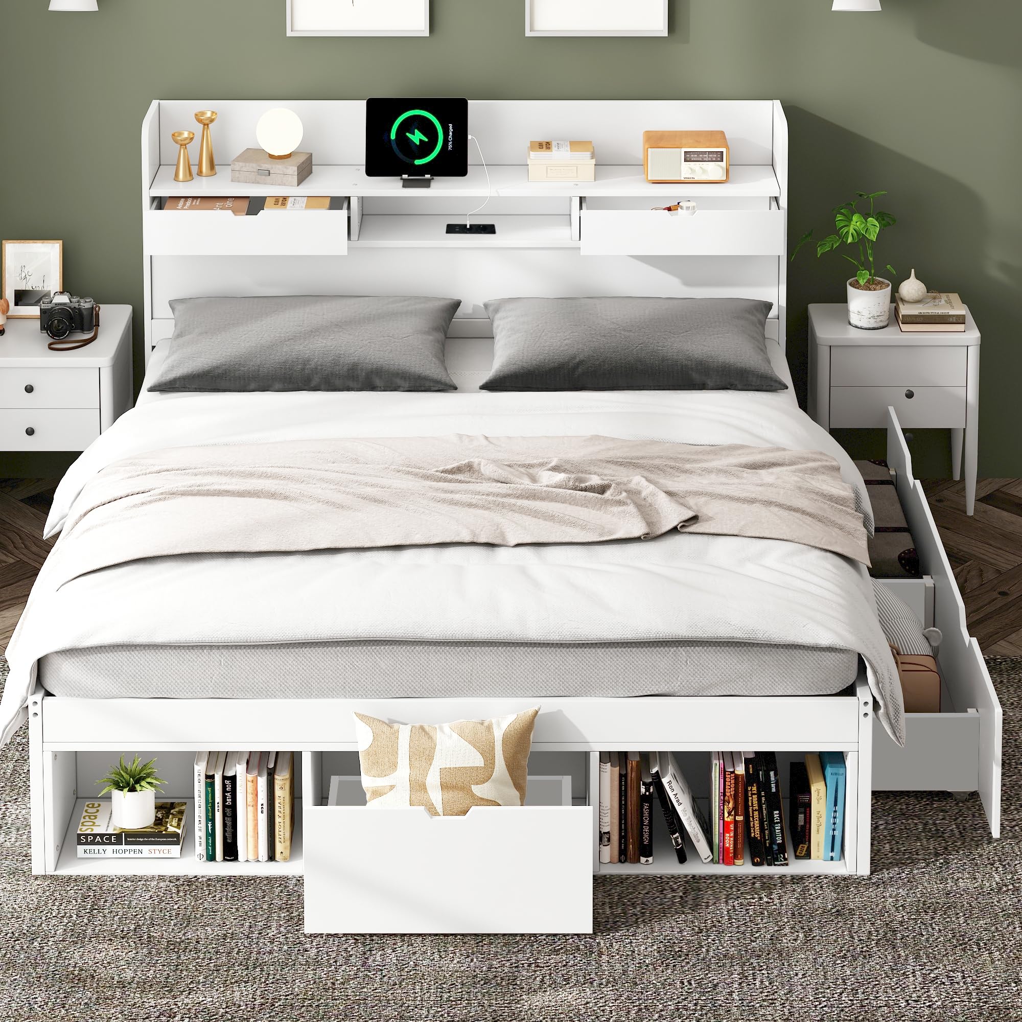Lubvtti cama acolchada con puerto USB y cajones, cama matrimonial con baúl 140 x 200 cm, cabecero con almacenamiento, marco 140 x 200 cm, blanco